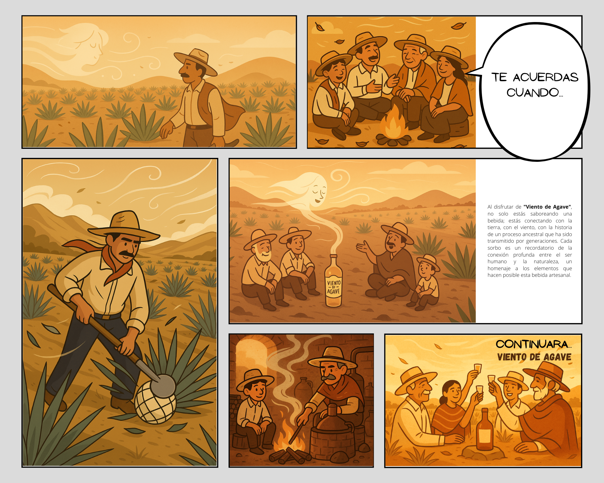 Cómic ilustrado que muestra la historia de "Viento de Agave". Un hombre en plantación de agave, grupo alrededor de una fogata recordando momentos, cosecha de agave, destilación casera y celebración con bebida artesanal. El viento figura como un perso