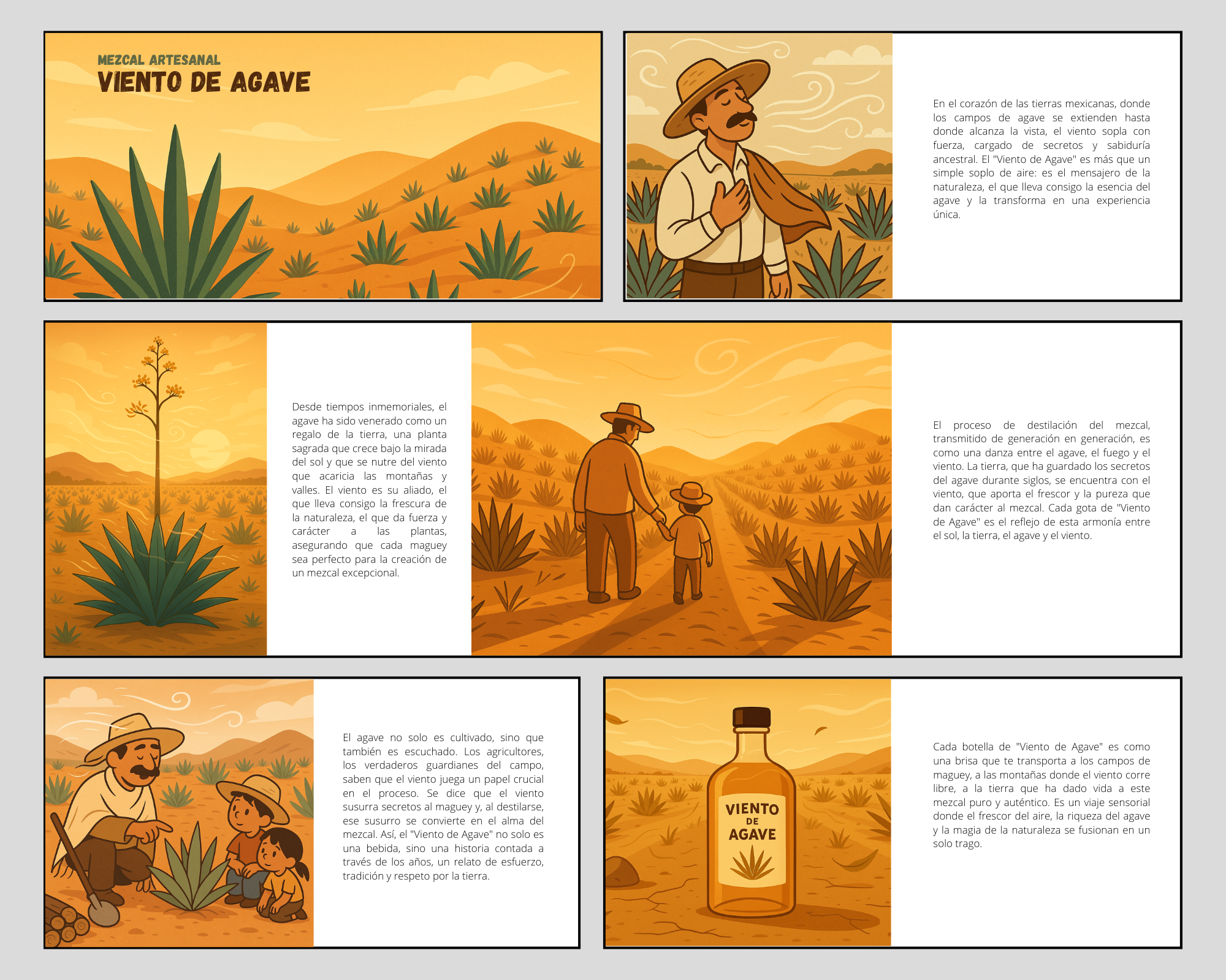 Cómic sobre mezcal "Viento de Agave" con ilustraciones de paisaje desértico, plantas de agave, un agricultor con sombrero y niños, texto sobre la historia y tradición del mezcal en tierras mexicanas.