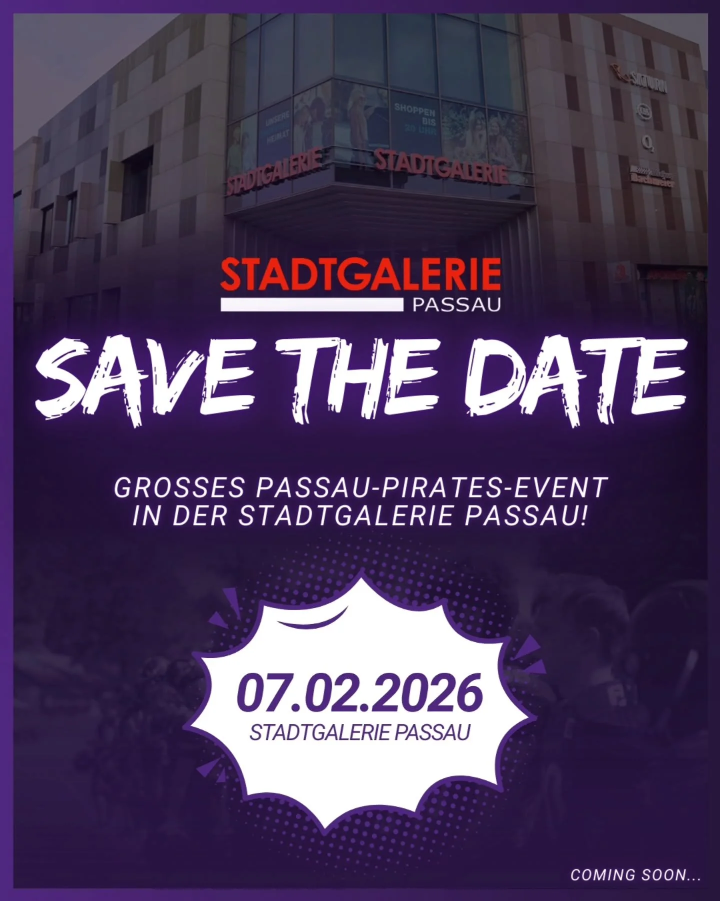 SAVE THE DATE 📆

Am 7. Februar findet ein gro&szlig;es Passau-Pirates-Event in der @stadtgalerie_passau statt!

Mehr Infos folgen bald...

#passaupirates #pirates #football #americanfootball