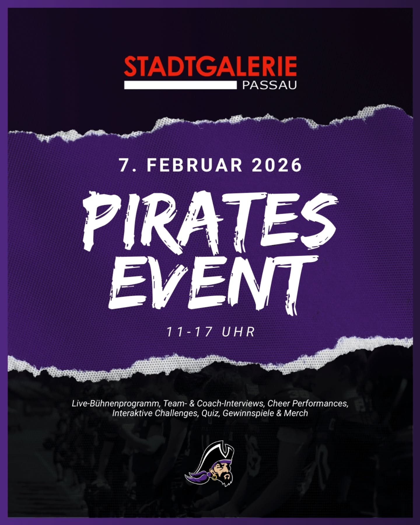 STADTGALERIE-EVENT 💜

Am 7. Februar kannst du alle Mannschaften der Passau Pirates und Passau Parrots in der @stadtgalerie_passau treffen und kennenlernen! 🏈

Wir werden von 11-17 Uhr vor Ort sein und haben ein abwechslungsreiches Programm f&uuml;r