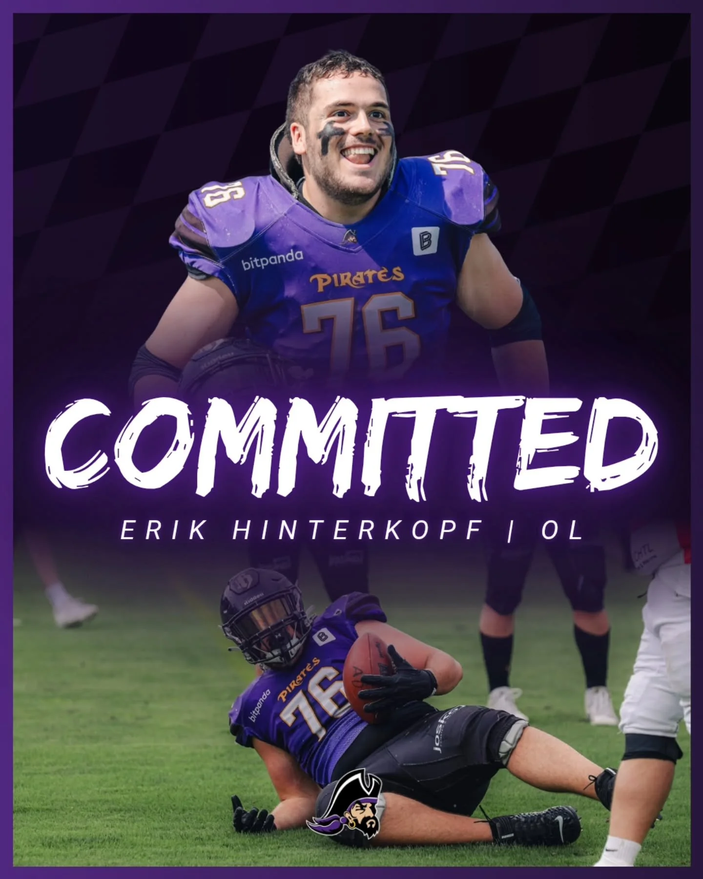 PASSAU PIRATES 2026: Erik Hinterkopf 💜

Unser Erik spielt mit der Nummer 76 in der O-Line als Left Tackle. Alternativ hilft er auch gerne mal in der D-Line aus. Erik ist einer unserer erfahrenen Veterans und steht nebenbei noch bei den Ladies als Li