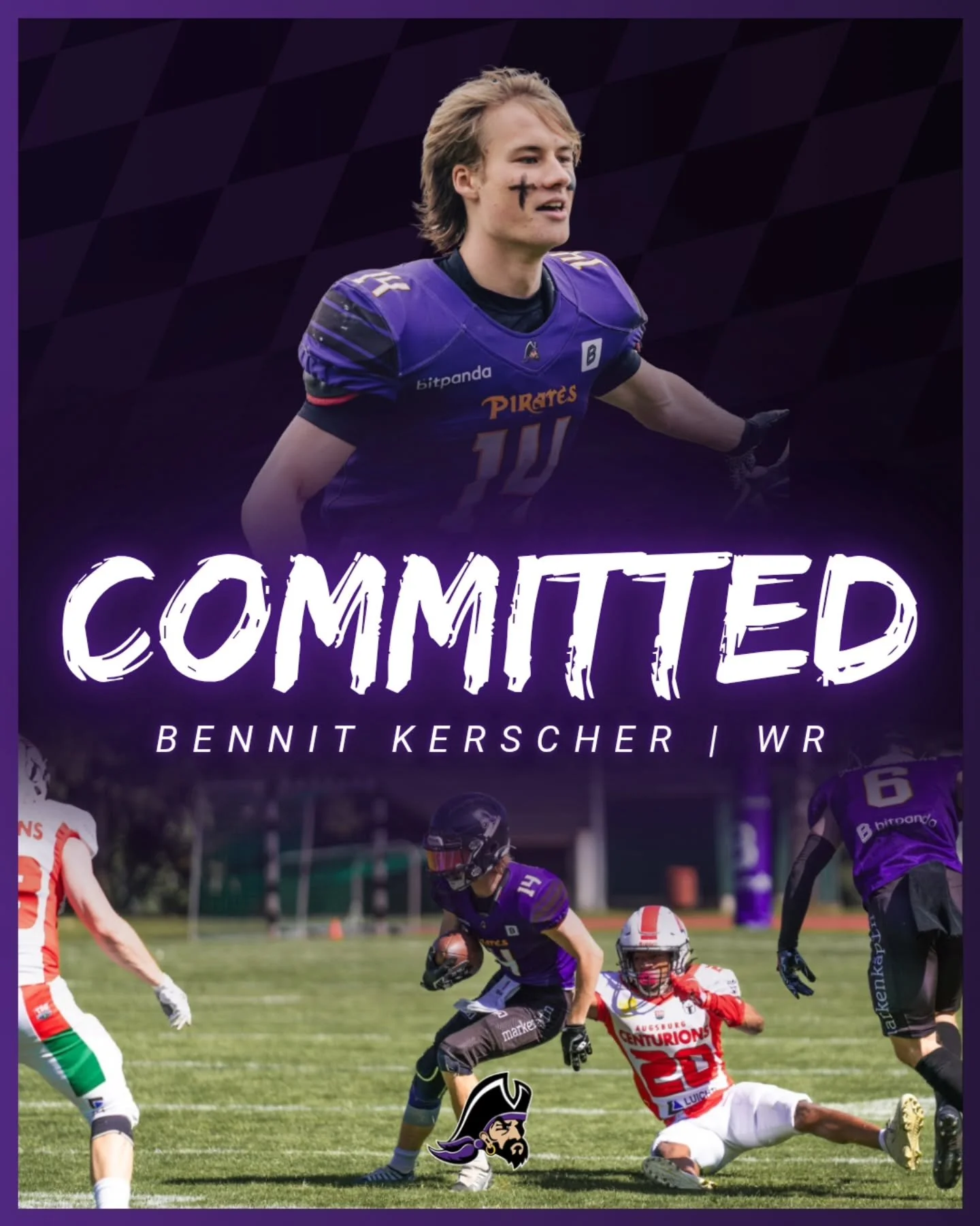 PASSAU PIRATES 2026: Bennit Kerscher 💜

Bennit ist unser Wide Receiver mit der Nummer 14. In der letzten Season hat er seine ersten Spielminuten als Rookie gesammelt. Und mittlerweile hat er sogar endlich die 10. Klasse geschafft! Aktuell ist Bennit