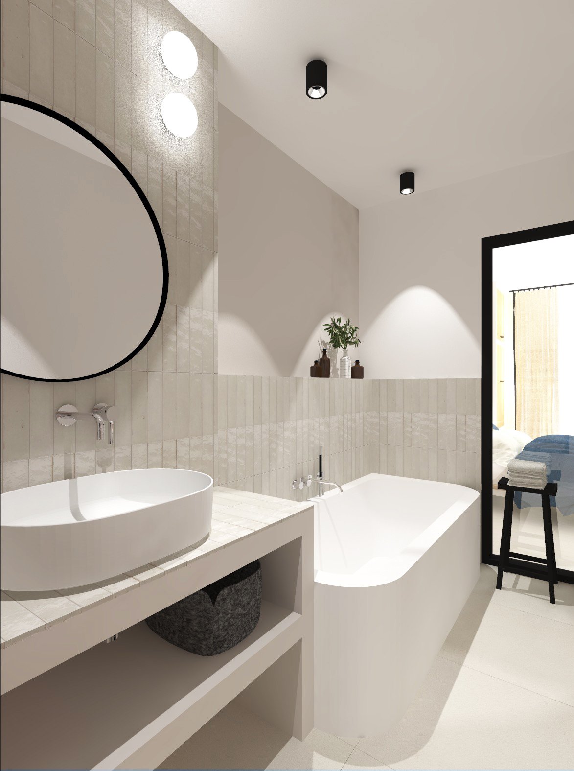 Salle de bain compacte, baignoire îlot, petit appartement, architecte d'intérieur appartement lyon, renovation petite surface lyon, architecte d'intérieur lyon 6