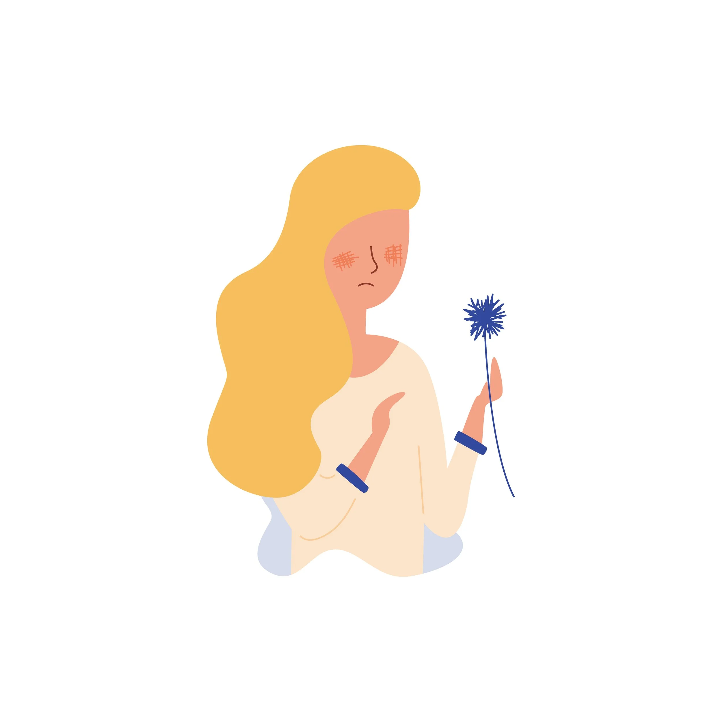 Illustration d'une femme aux cheveux blonds tenant une fleur bleue, expression faciale soucieuse.
