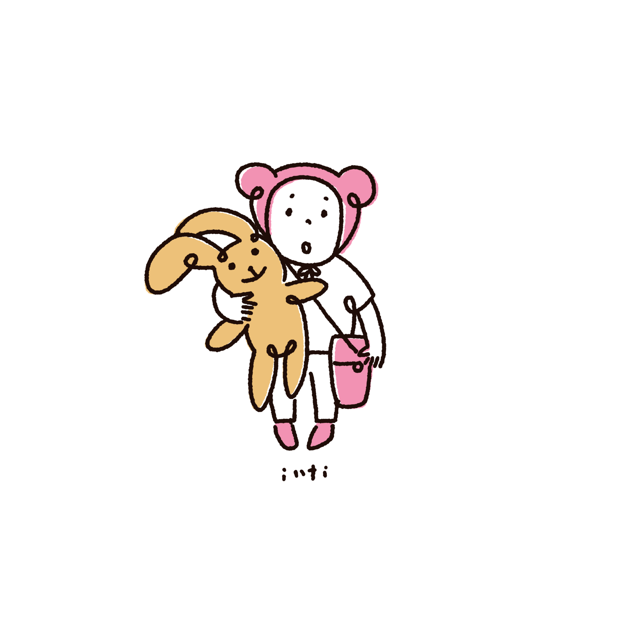 ピンクの服を着た女の子がウサギのぬいぐるみを抱えているシンプルなイラスト。A simple illustration of a girl in a pink dress holding a stuffed rabbit.