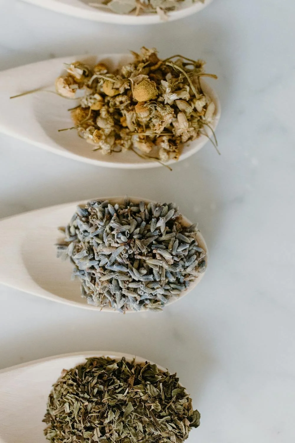 Three ceramic spoons each holding dried herbs, arranged vertically against a light background.