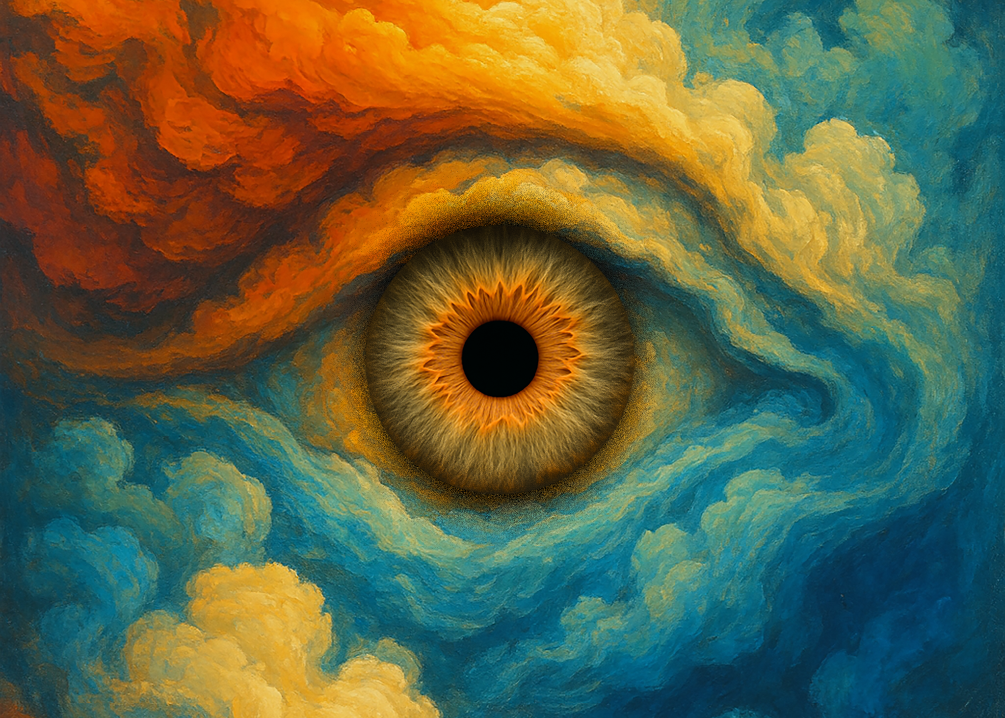 A glowing amber iris framed by swirling clouds of fiery orange and deep blue, resembling a cosmic eye opening within a stormy sky.