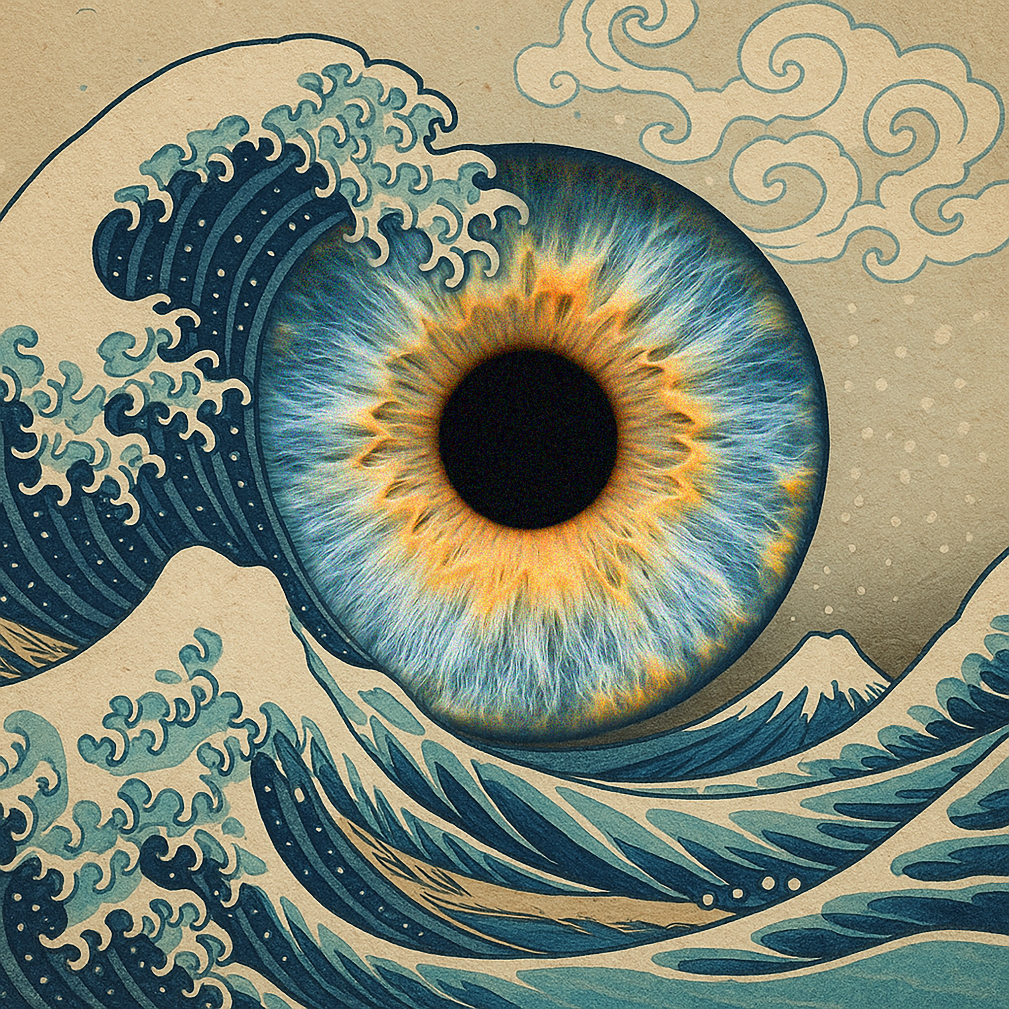 A stylized image combining the Great Wave off Kanagawa with a realistic human eye in place of the wave's crest.