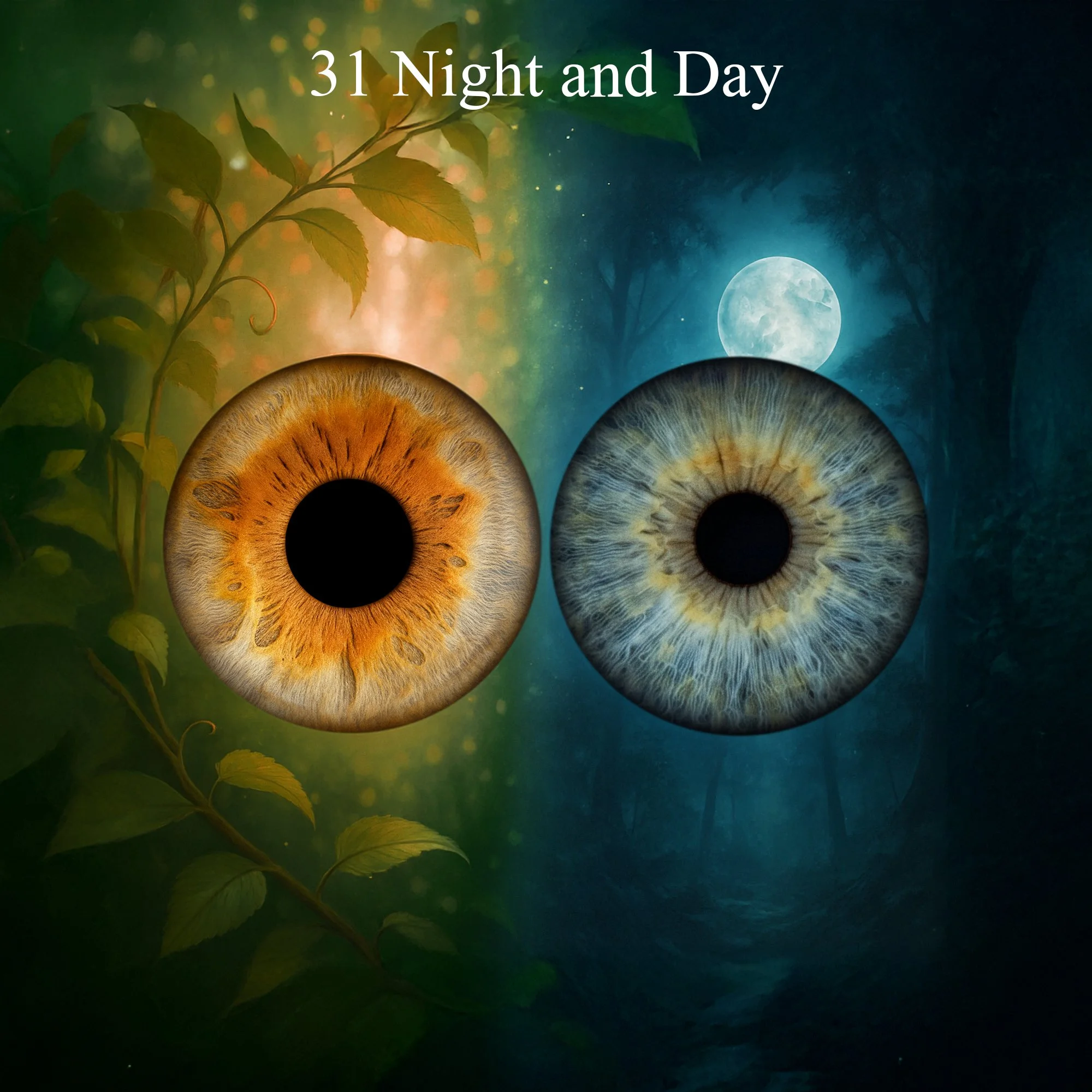 Illustration of two human eyes, one with a brown iris and the other with a blue iris, set against a background split into daytime with green leaves and nighttime with a moon and dark trees. The text at the top reads '31 Night and Day.'