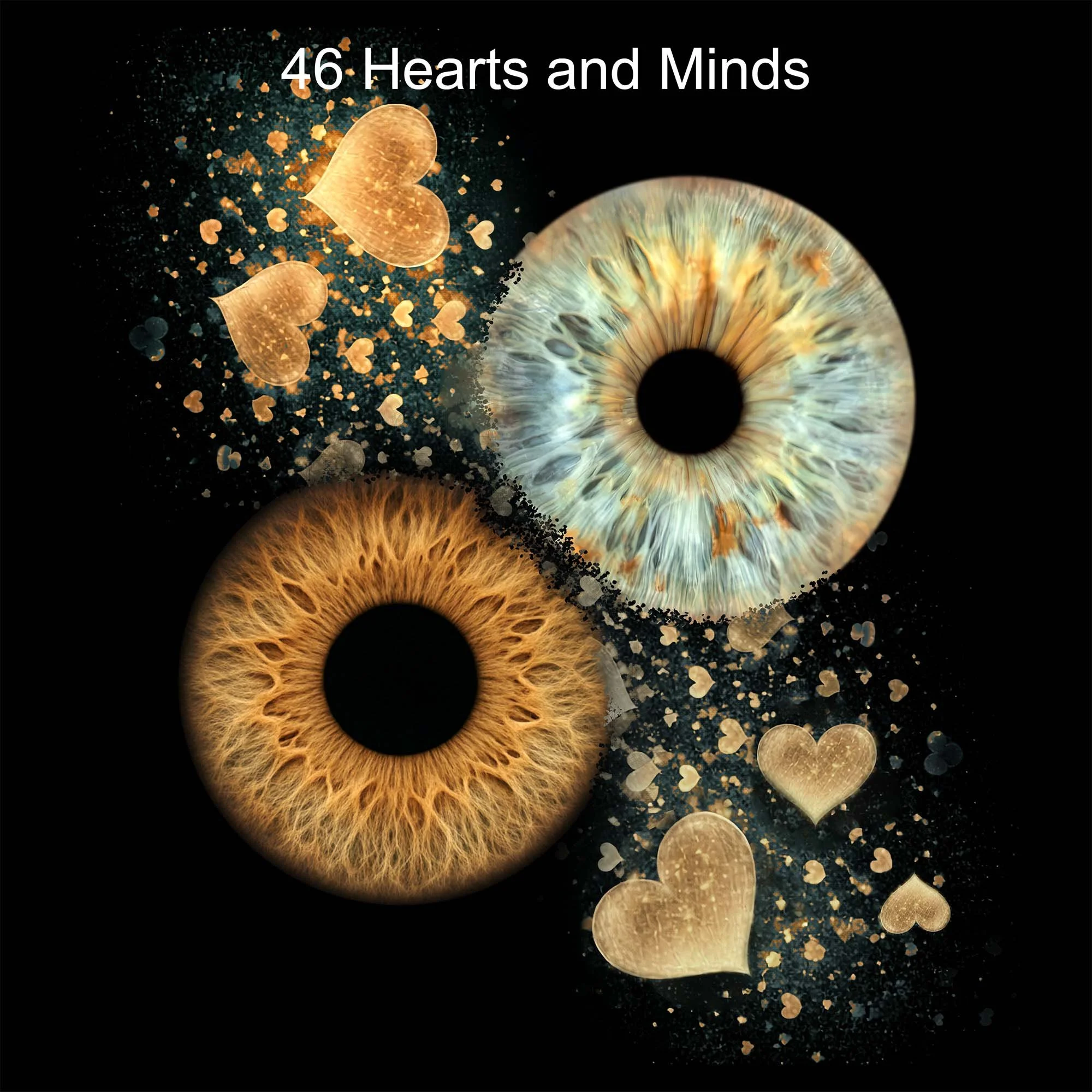 Hearts and Minds couples iris photography artwork combining two unique human irises with golden heart details, created in the North East of England as a bespoke piece celebrating connection and individuality.