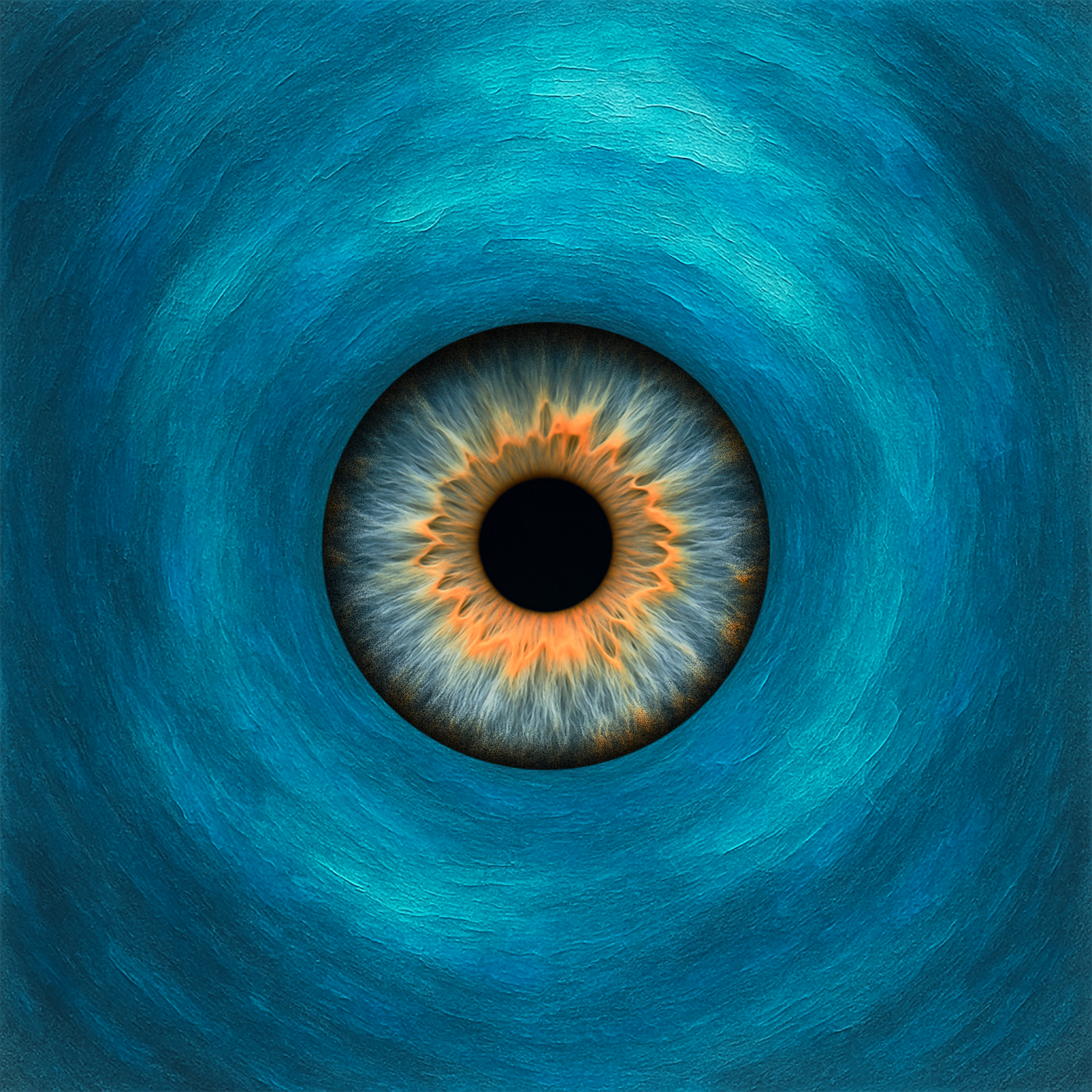 A close-up of a human eye, with a blue iris and detailed patterns around the pupil.