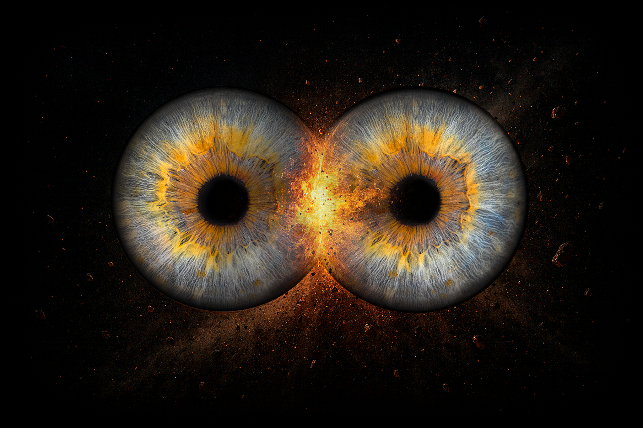 Digital creation of two human blue eyes with intricate irises, set against a cosmic background with fire and debris, blending human features with space elements.