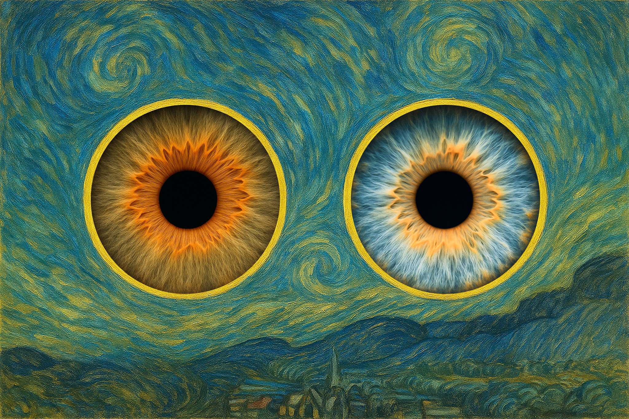 Artwork featuring two large human eye illustrations as clouds over a landscape, inspired by Van Gogh's Starry Night style.