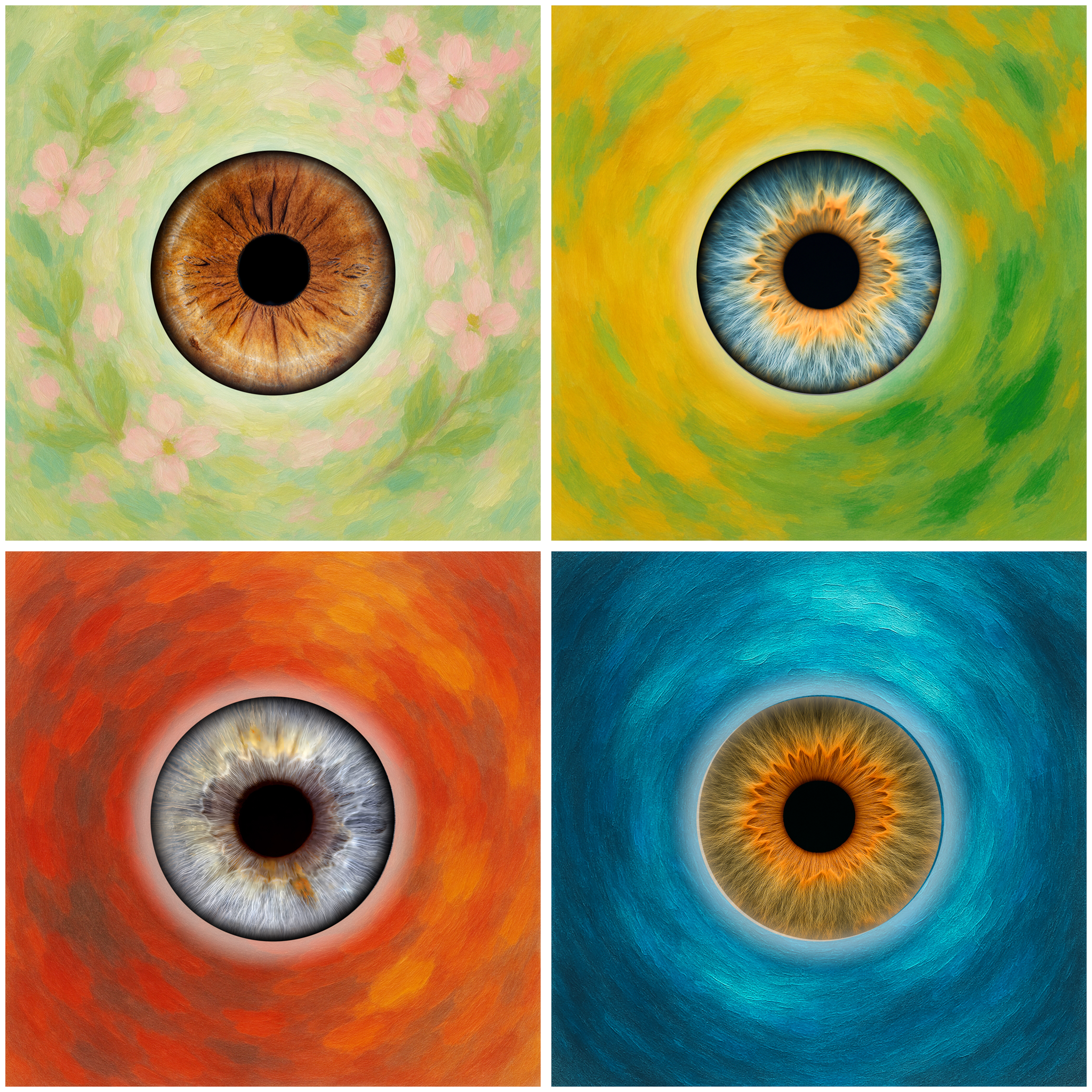 A four-panel artwork featuring irises in seasonal themes: top left shows a brown iris with pink blossoms for spring, top right a blue iris in warm yellow and green tones for summer, bottom left a grey-blue iris in fiery red and orange for autumn, and