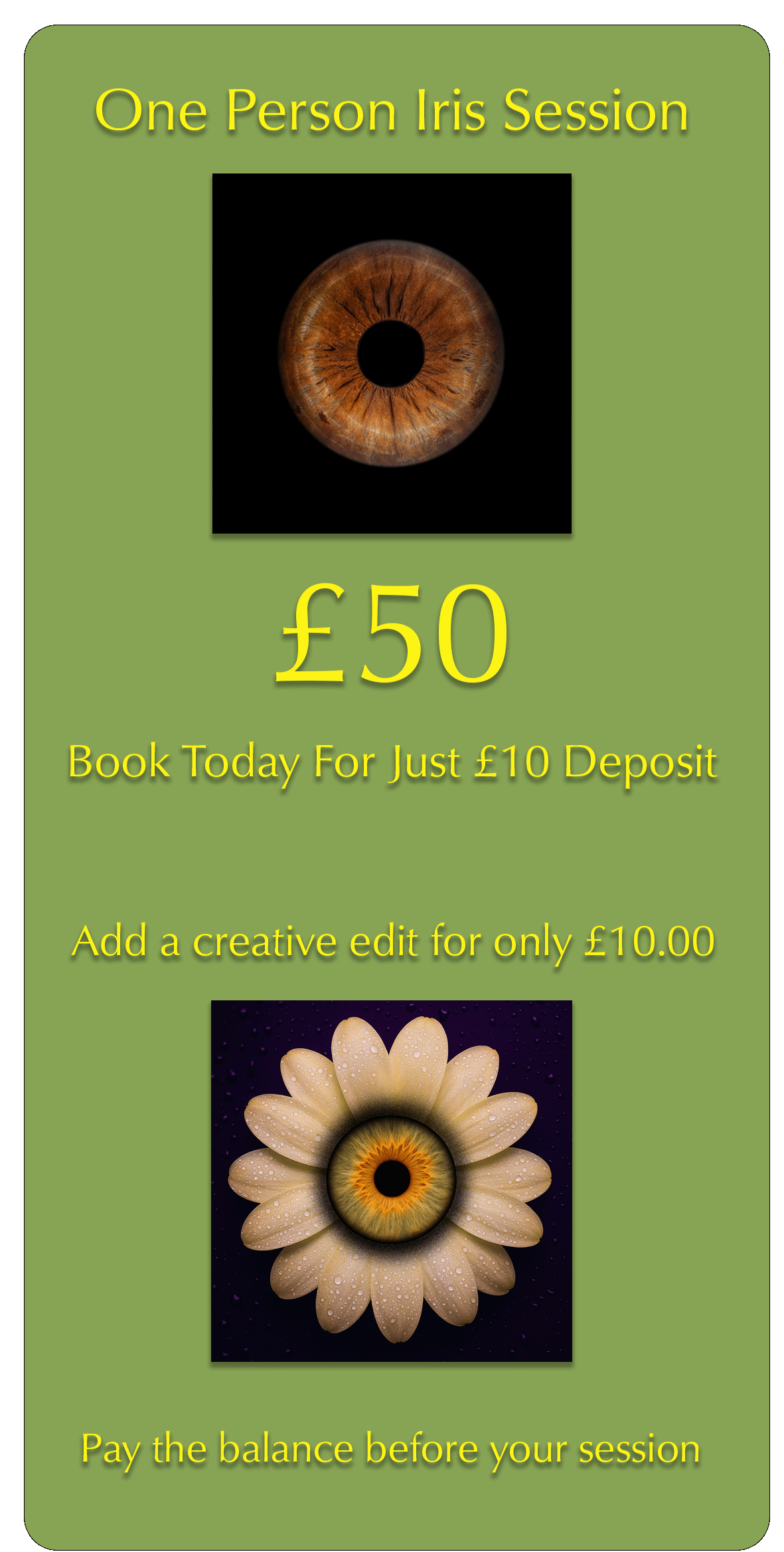 Advertisement for a one-person iris session, featuring an eye in the background and another eye with a flower in the foreground, with pricing and booking details.