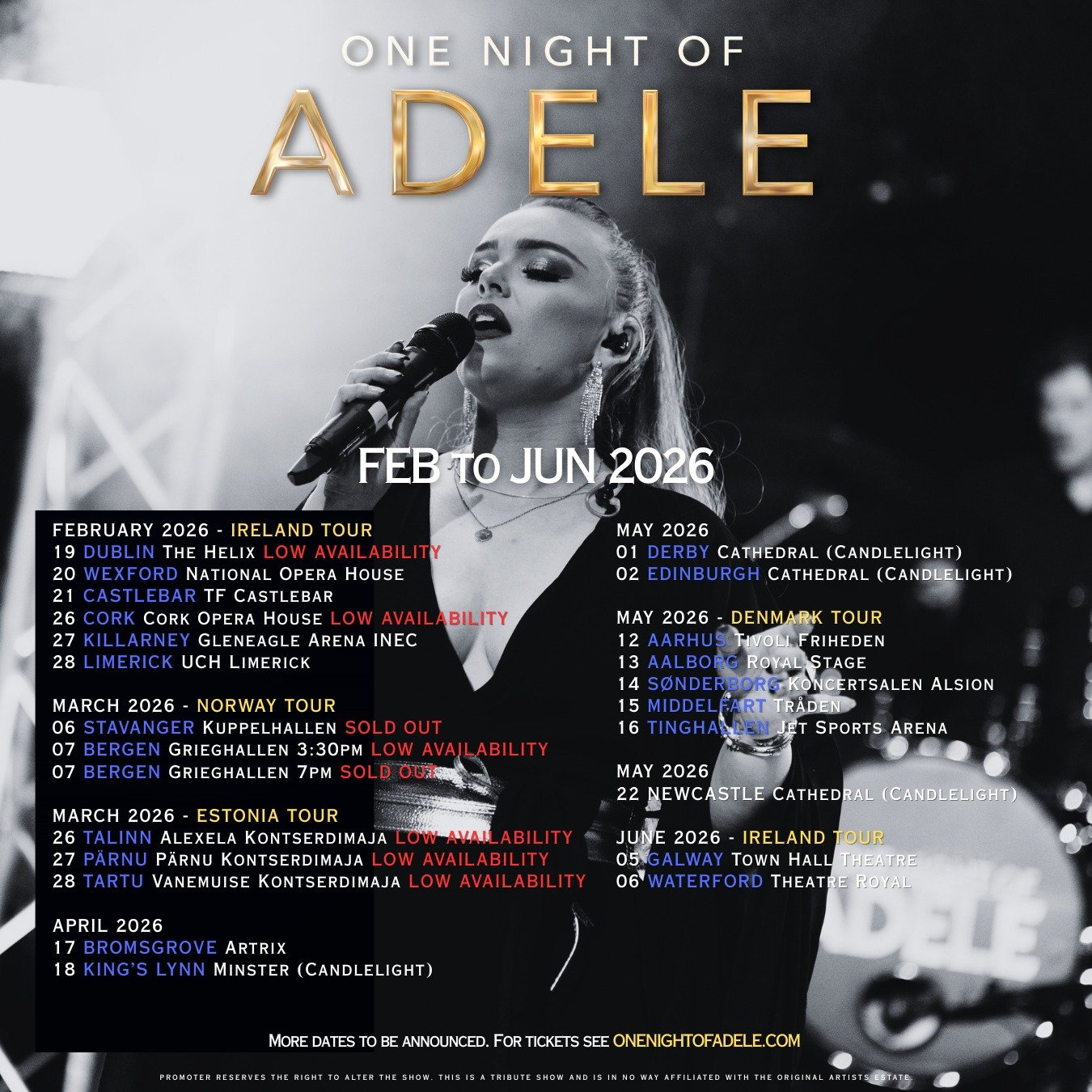 ✨ ONE NIGHT OF ADELE ✨
FEB &ndash; JUNE 2026

The internationally acclaimed tribute returns with a major 2026 tour across Ireland, Norway, Estonia, Denmark &amp; the UK 🇮🇪🇳🇴🇪🇪🇩🇰🇬🇧

Featuring stunning live vocals, a world-class band, and unf