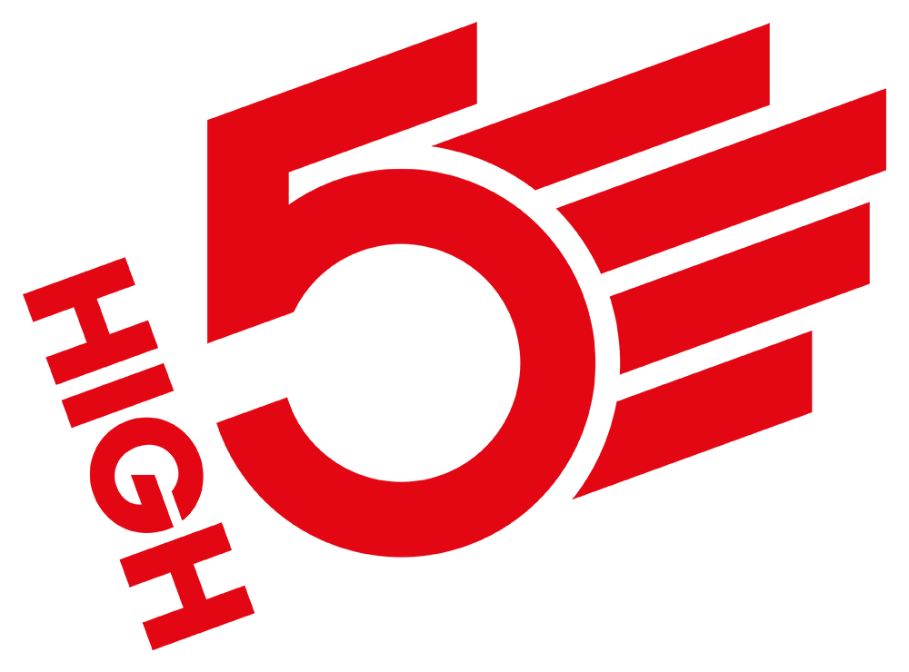 Logo of High 5, featuring a bold red number 5 with dynamic lines and the word "HIGH" in red letters.