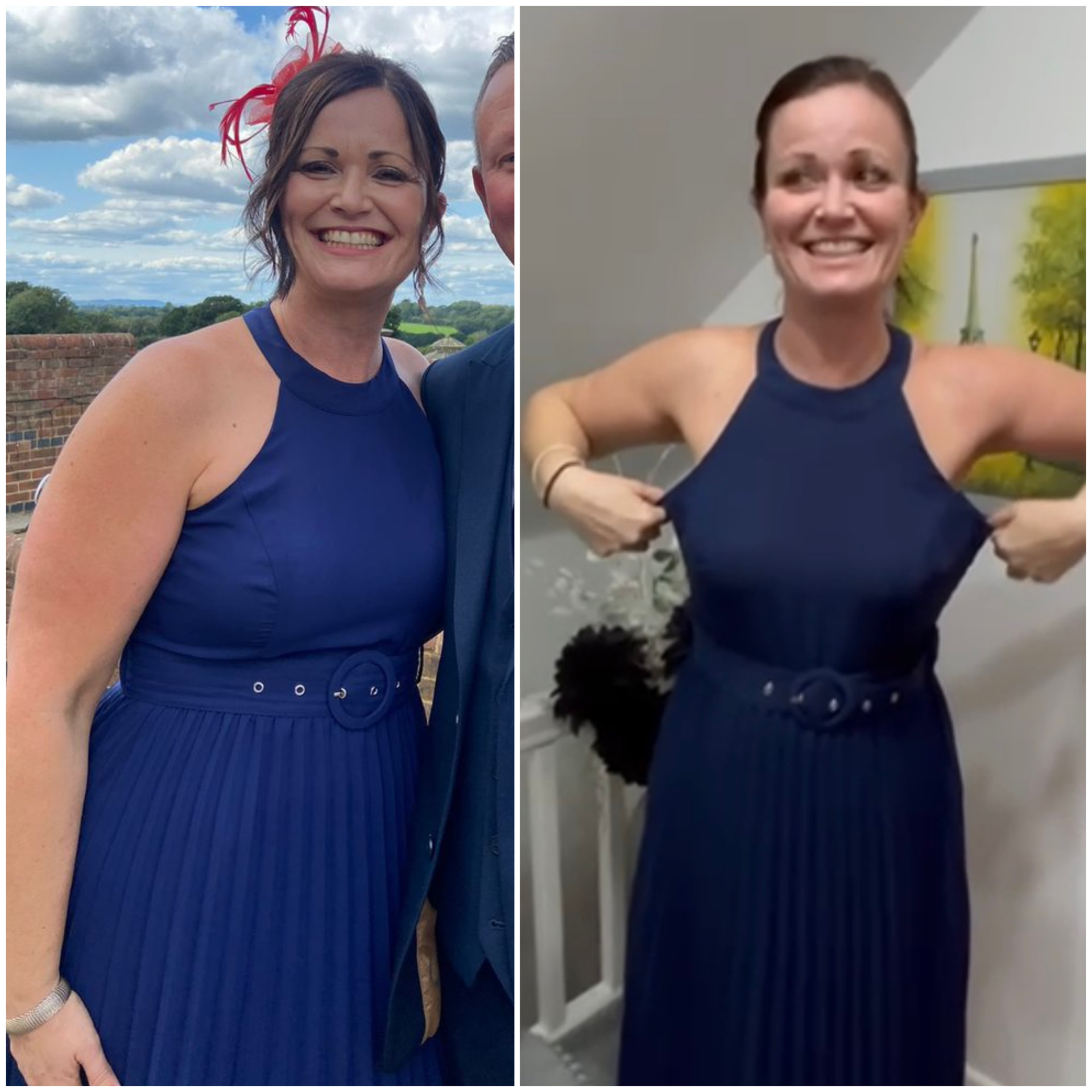 A woman wearing a blue dress is smiling in an outdoor photo on the left and pulling on her dress to show its fit in an indoor setting on the right.