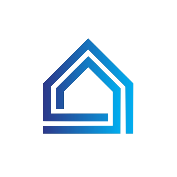 Abstract geometric design with overlapping blue and white house-shaped layers and a black background.