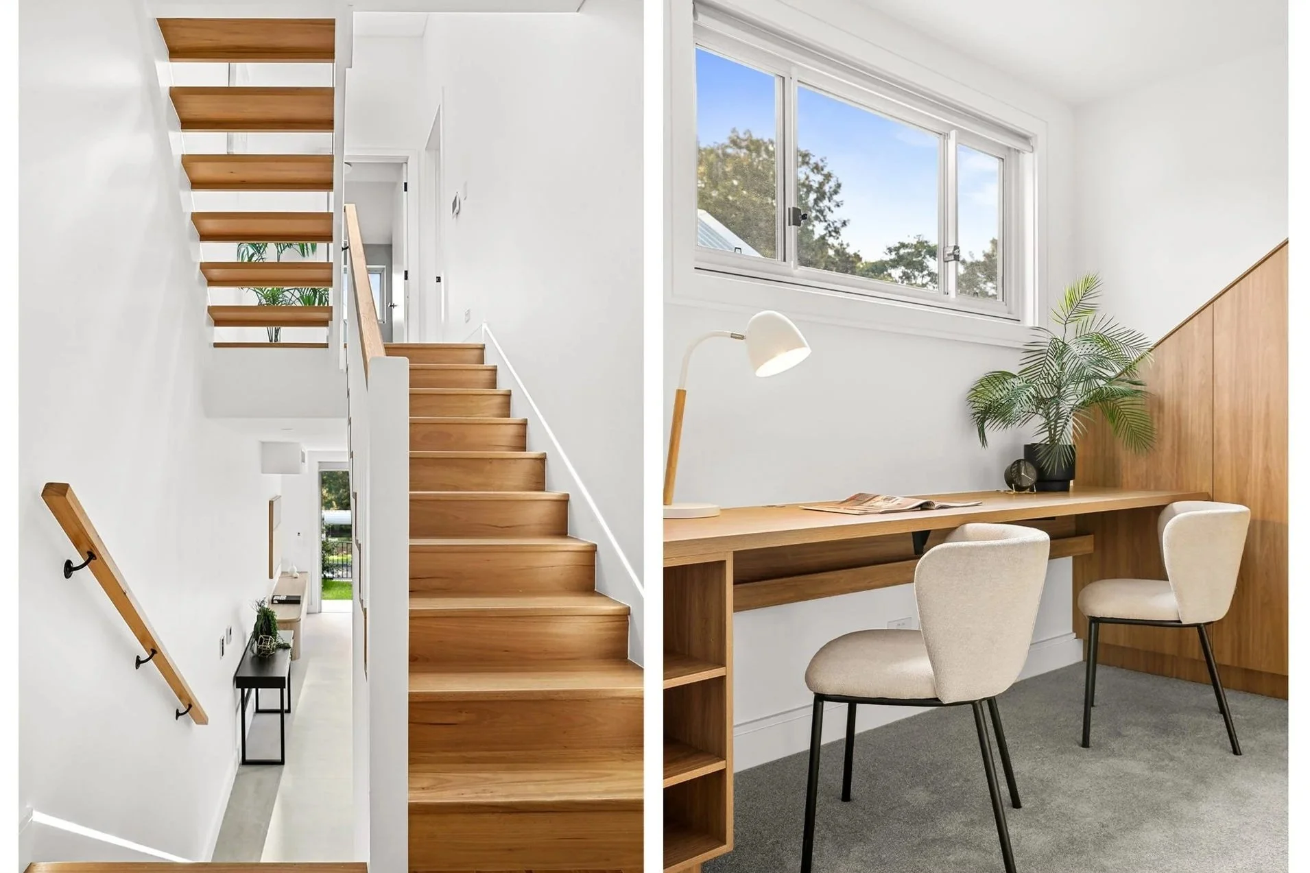 Split image showing a wooden staircase with white walls on the left and a desk area with a window, plant, and chairs on the right.