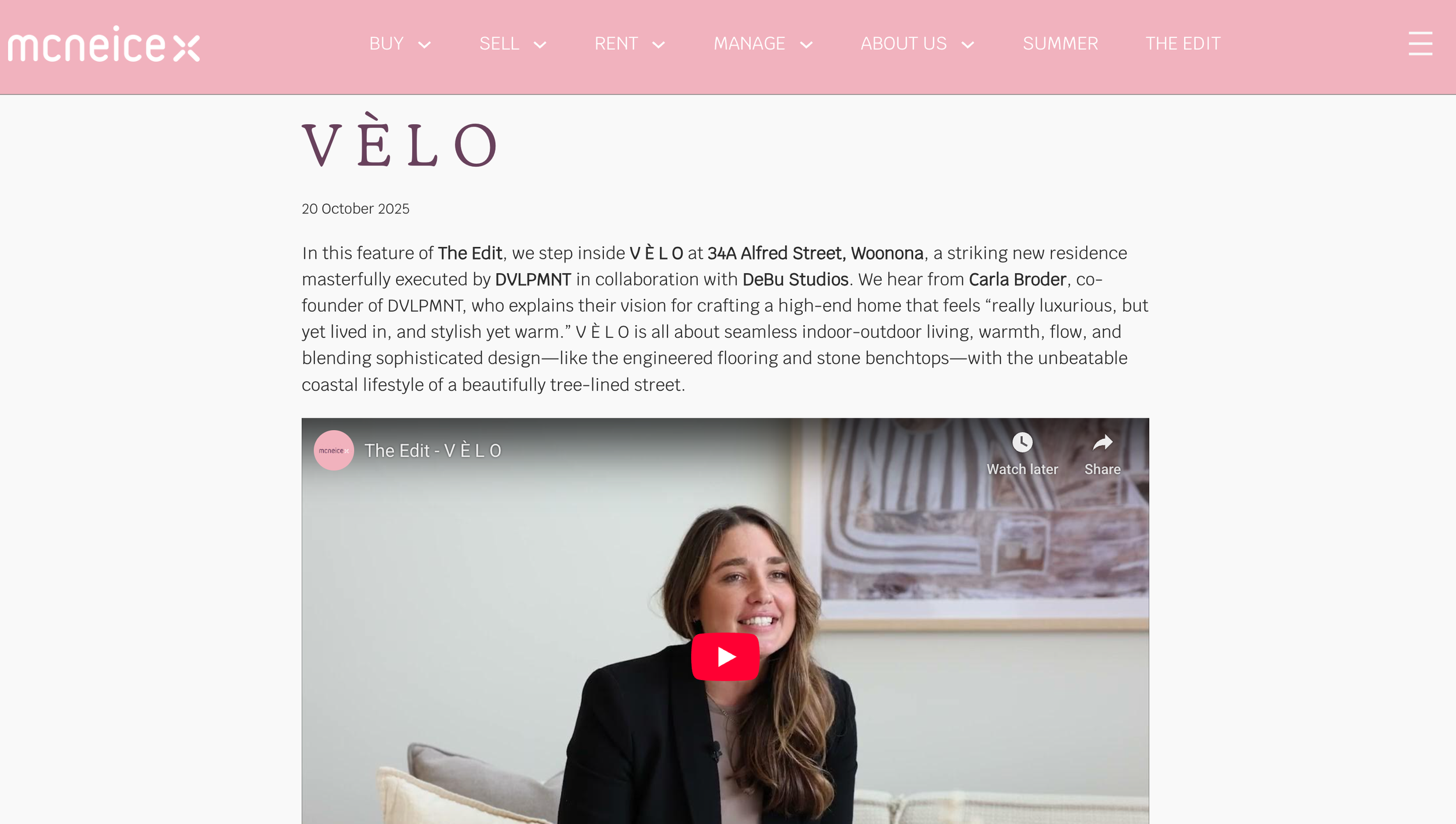 A screenshot of a webpage featuring a video thumbnail with a woman speaking, sitting on a couch in a modern home interior with artwork on the wall behind her.