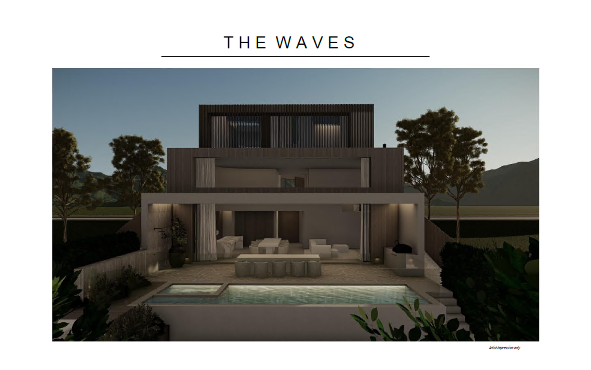 Modern multi-story house with a pool and outdoor seating area, surrounded by trees and mountains at sunset.