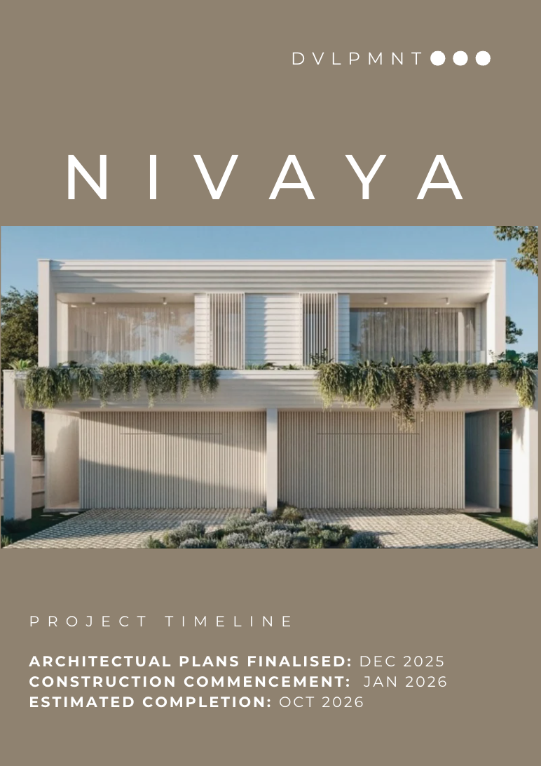 Architectural brochure cover featuring a modern white two-story house with large windows, greenery, and project timeline details.