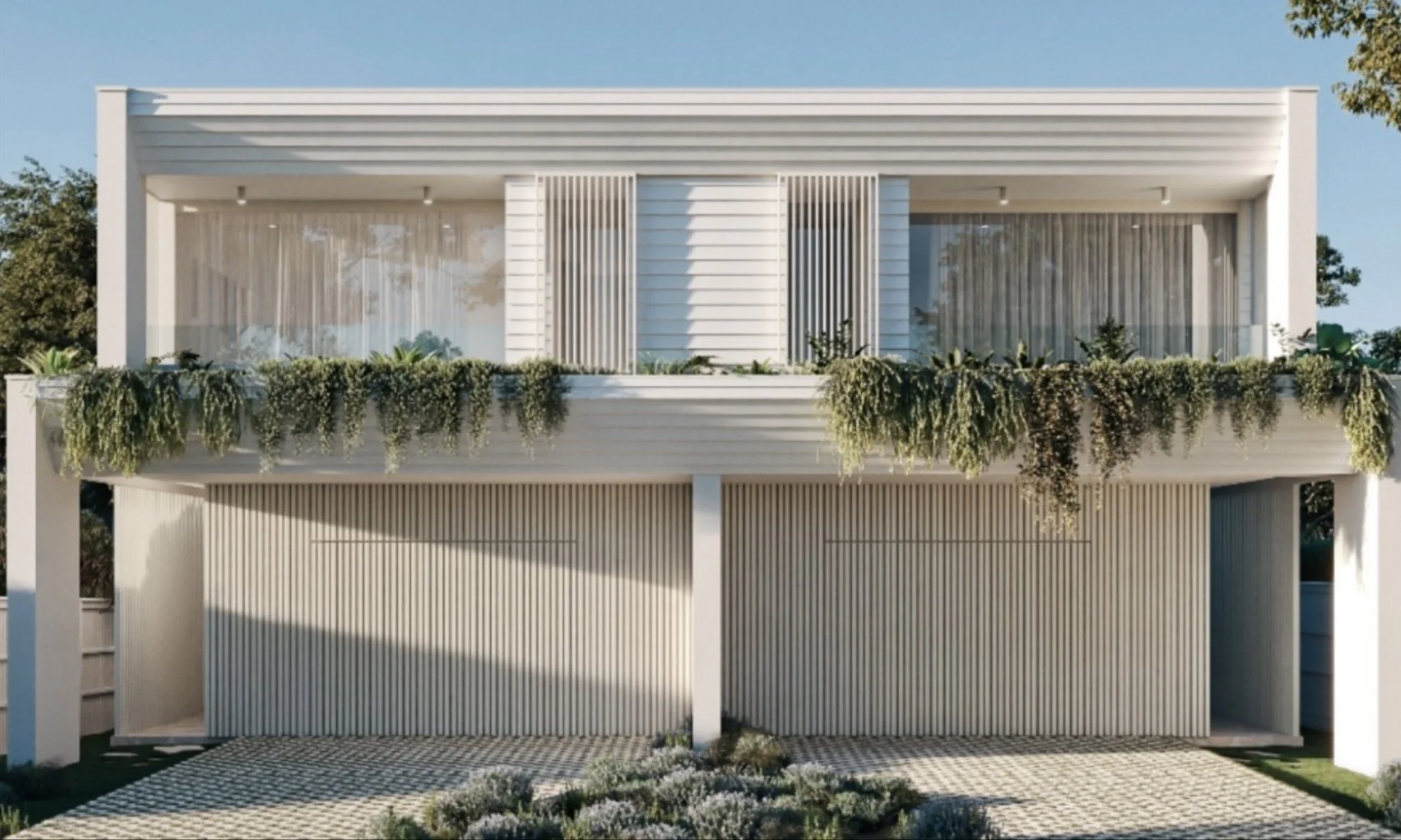 Modern white house with large glass windows and balcony decorated with greenery.