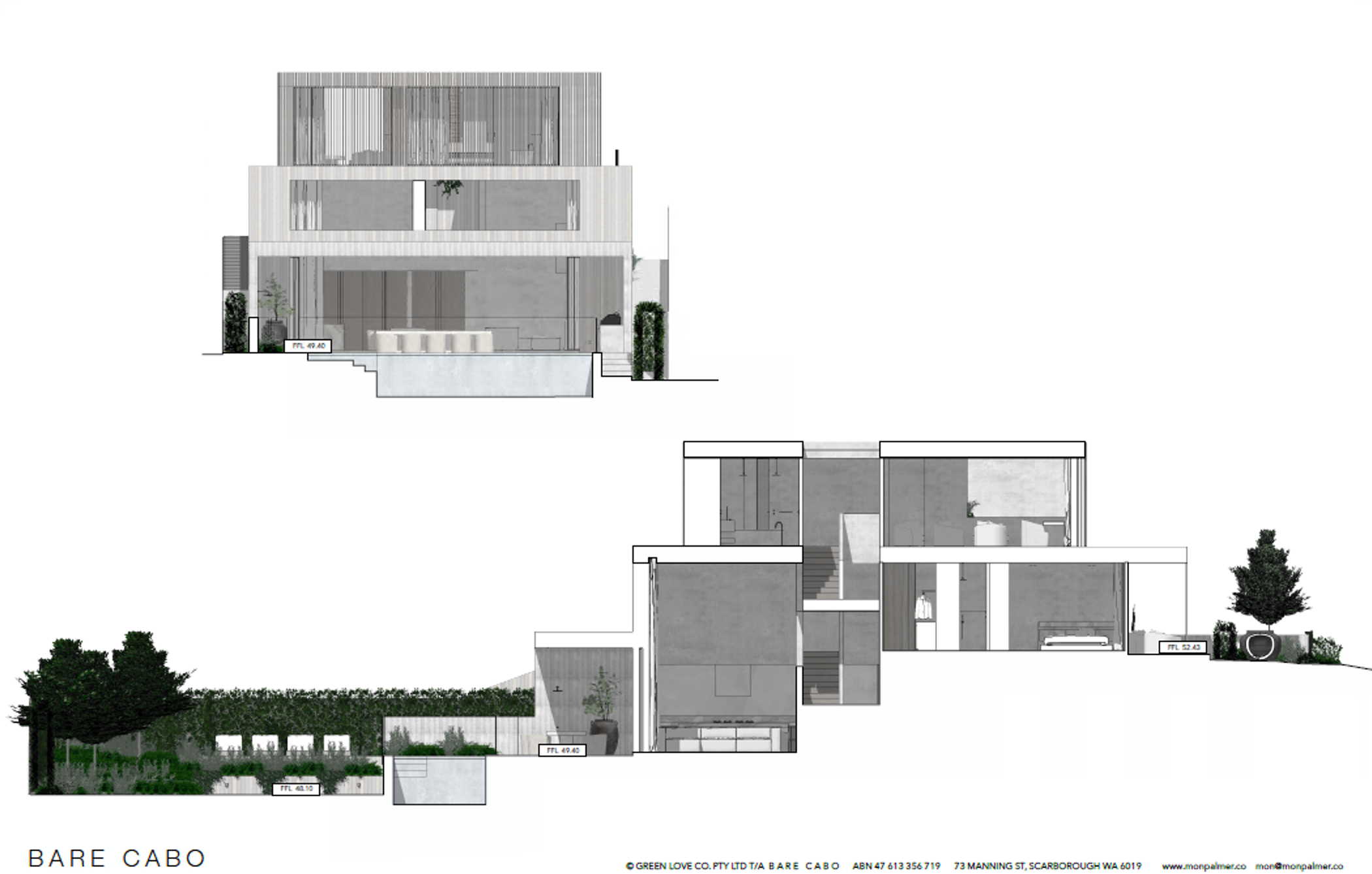 Architectural elevation drawings of a modern residential building with multiple levels, outdoor landscaping, and interior spaces visible through transparent walls.