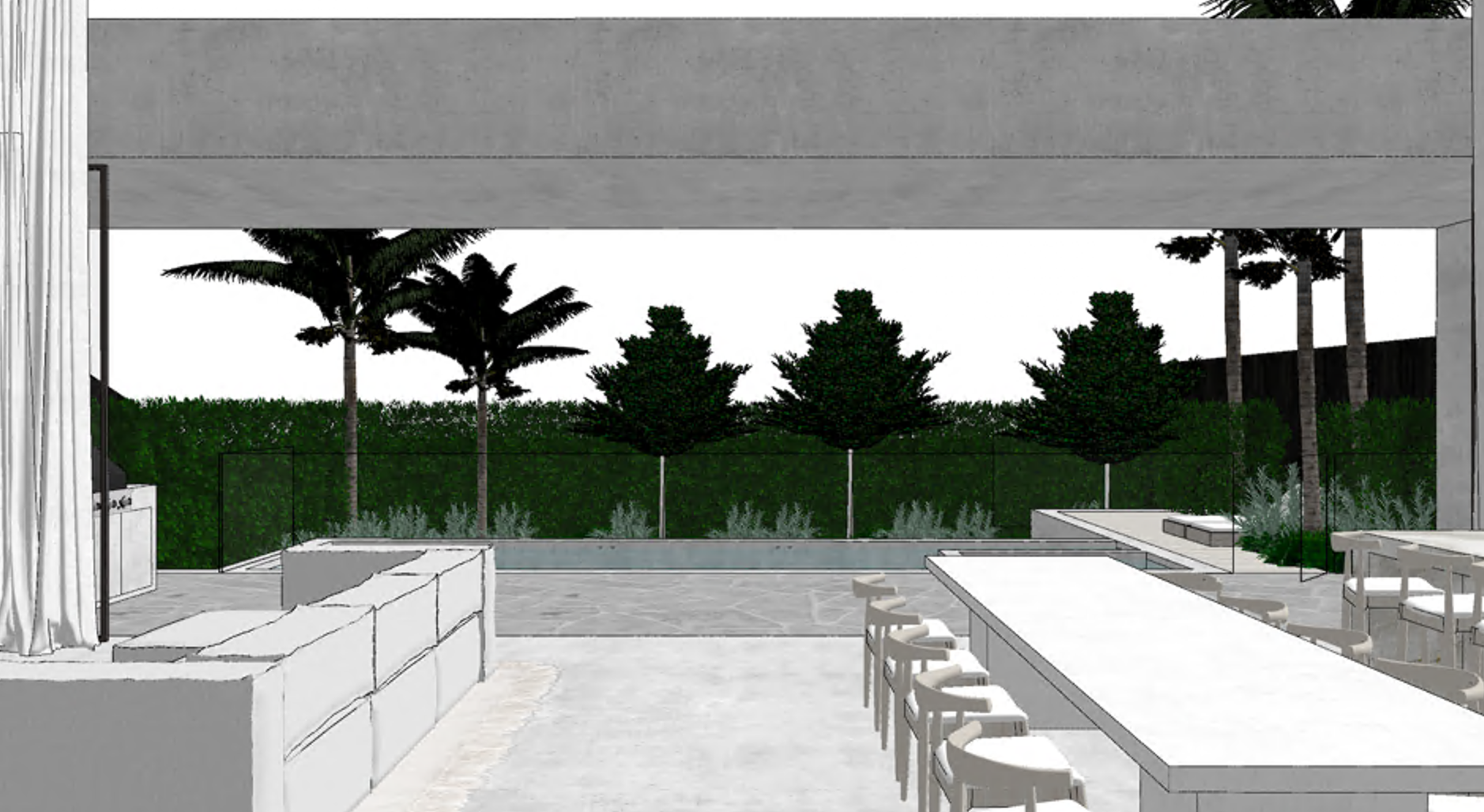 Rendering of an outdoor patio with a large white dining table and chairs, a built-in grill, a white sofa, and a view of palm trees and lush greenery beyond a glass fence.