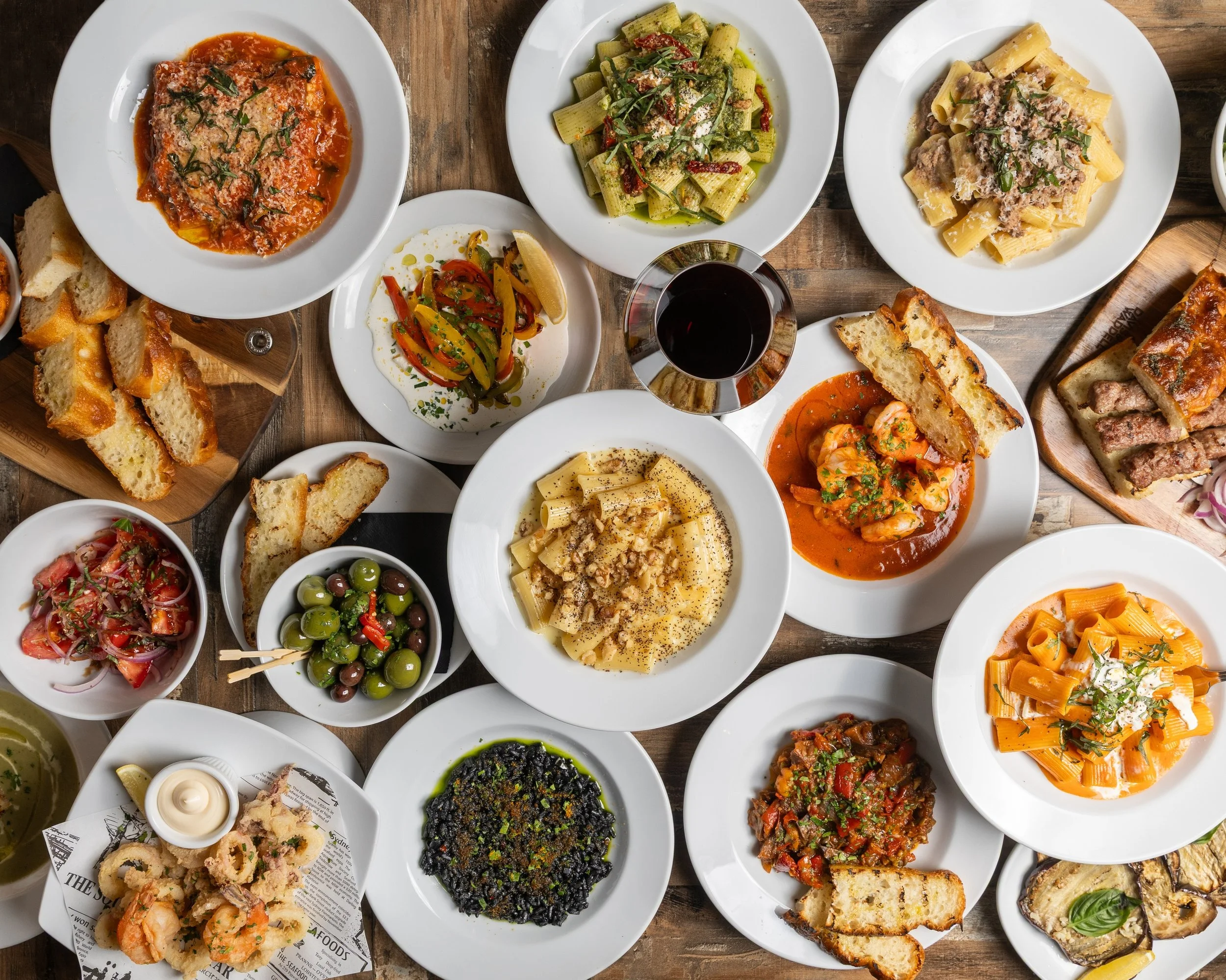 Mediterranean cuisine at Mali Ston Wine Bar featuring handmade pasta, fresh seafood, grilled meats, risotto, artisan bread, olives, and premium wine in Dulwich Hill, Sydney.
