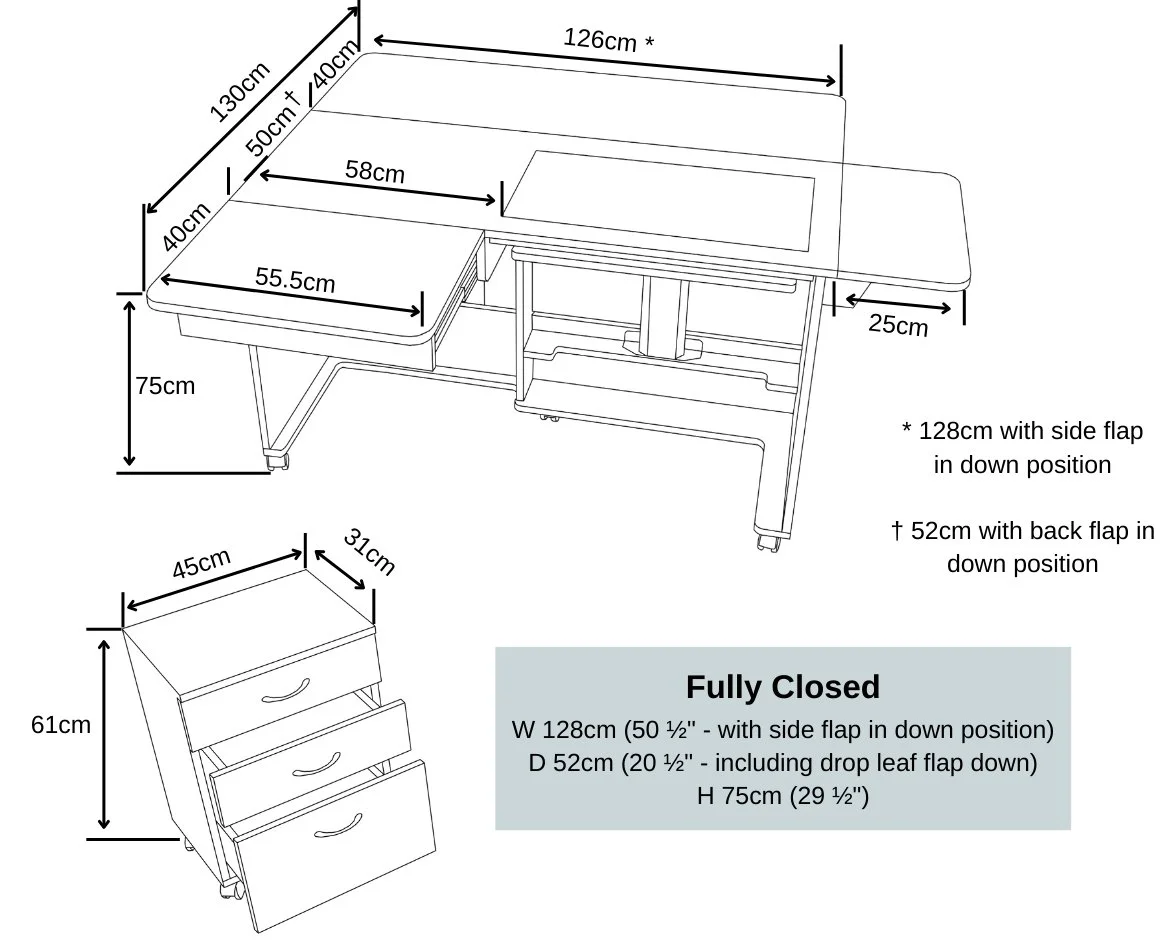 Technical drawing of a desk with labeled measurements, including details of dimensions and adjustable side and back flaps for different configurations.