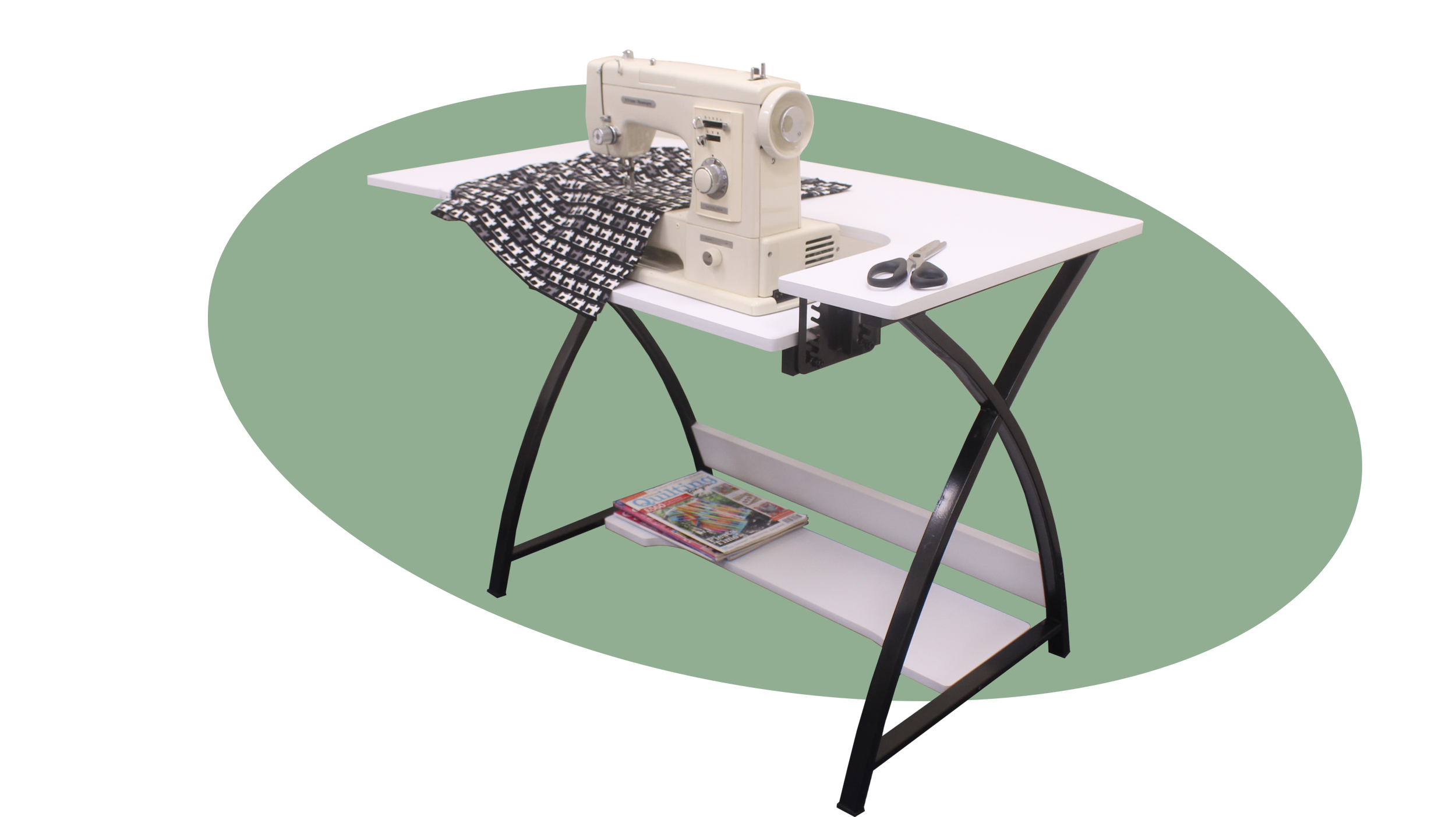 A sewing machine on a white table with black and white fabric, scissors, and magazines underneath.