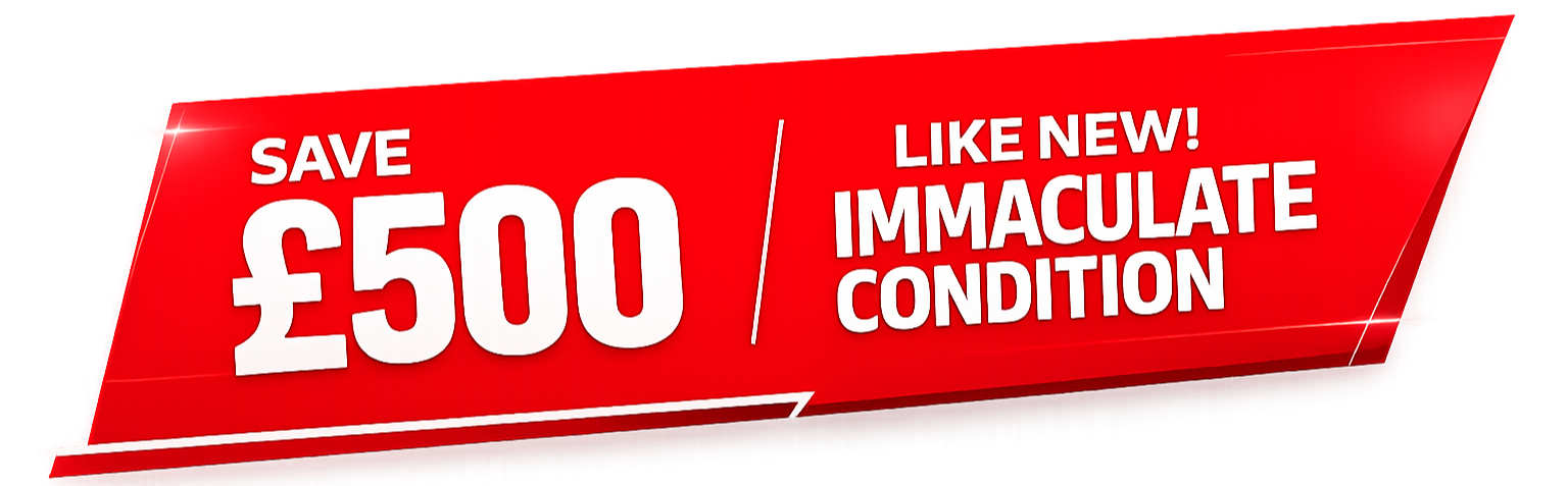 Red promotional banner advertising a £50 saving on a product or service, with the words "Like new! Immaculate condition" written on it.