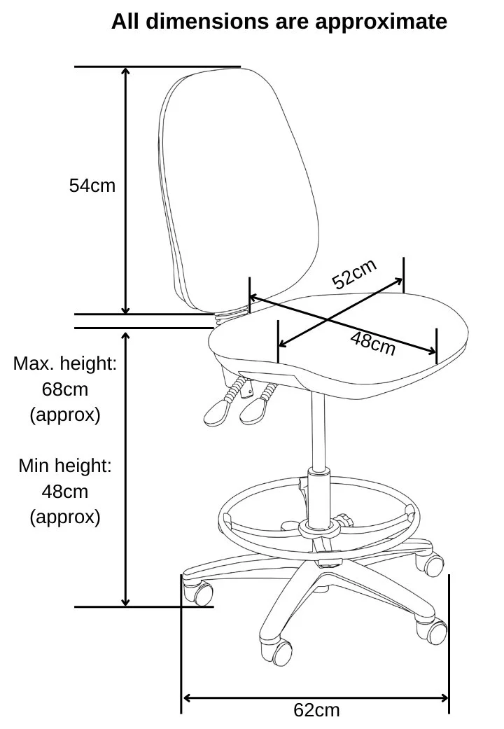 Line drawing of an adjustable office chair with a backrest, measuring approximately 54cm in height and 48cm by 52cm seat dimensions, with a maximum height of 68cm and a minimum of 48cm, shown with labeled dimensions.