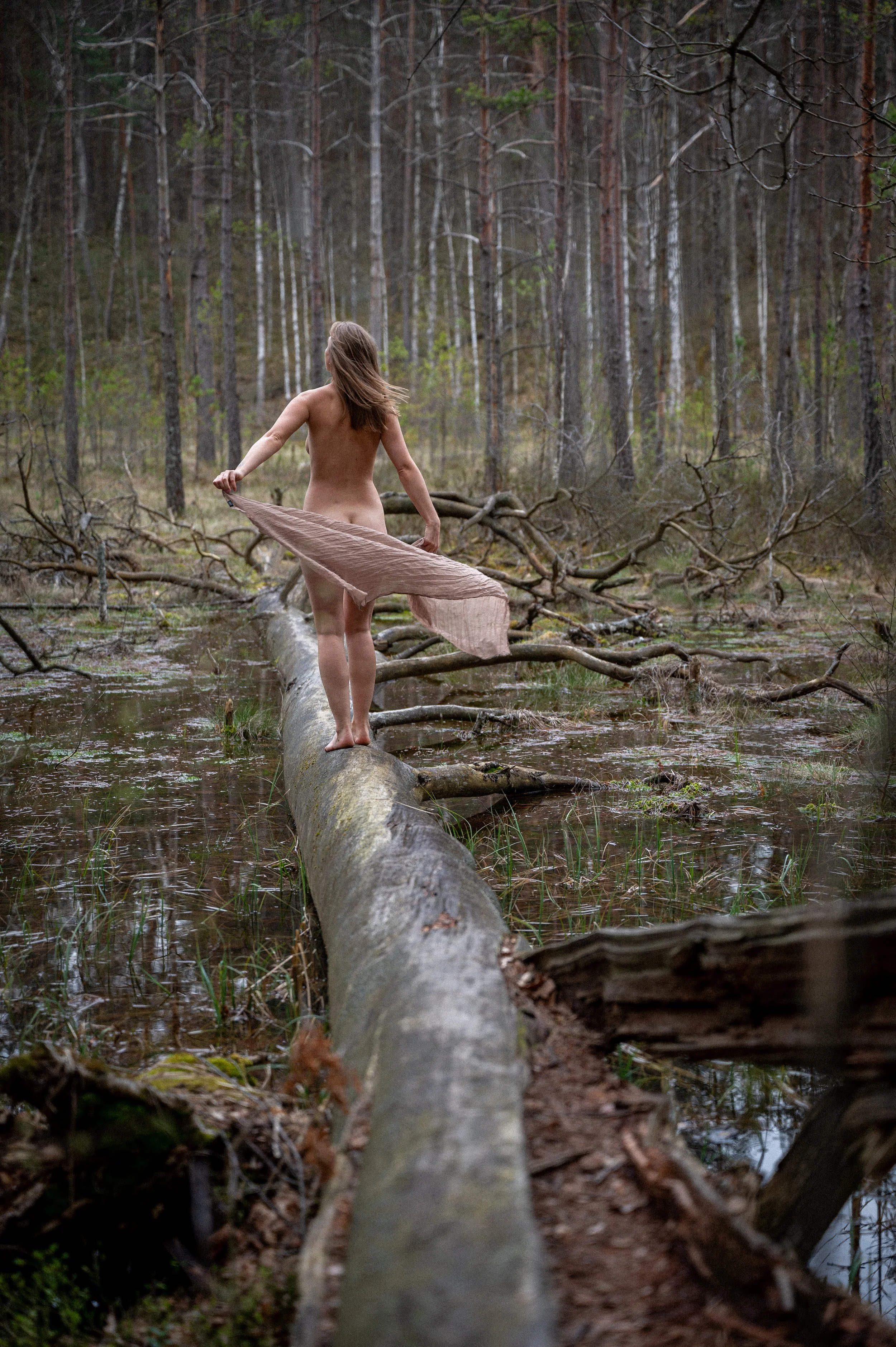 Moteris eina ant nukritusio medžio kamieno per vandenį miške, laikydama audeklą – fotosesija gamtoje.