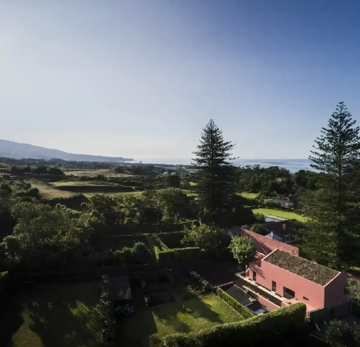 Aerial view of Pink Farmhouse on São Miguel, Azores.