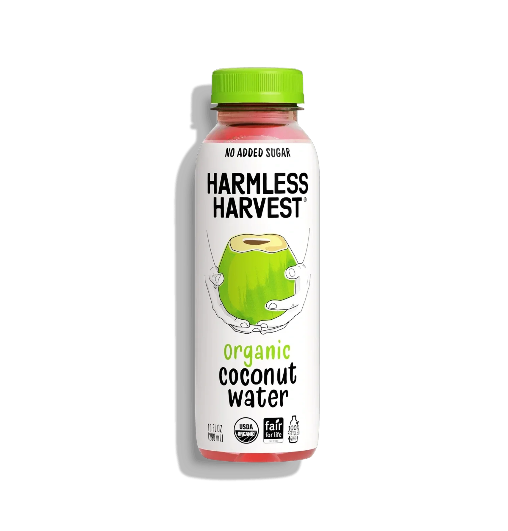  Harmless Harvest organic coconut water bottle with green cap and hand-held coconut illustration on clean white label. 