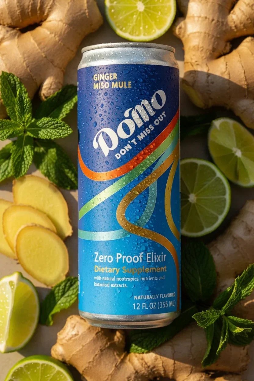 Dew-covered Do’Mo Ginger Miso Mule zero-proof elixir can resting on fresh ginger, lime halves and mint leaves.