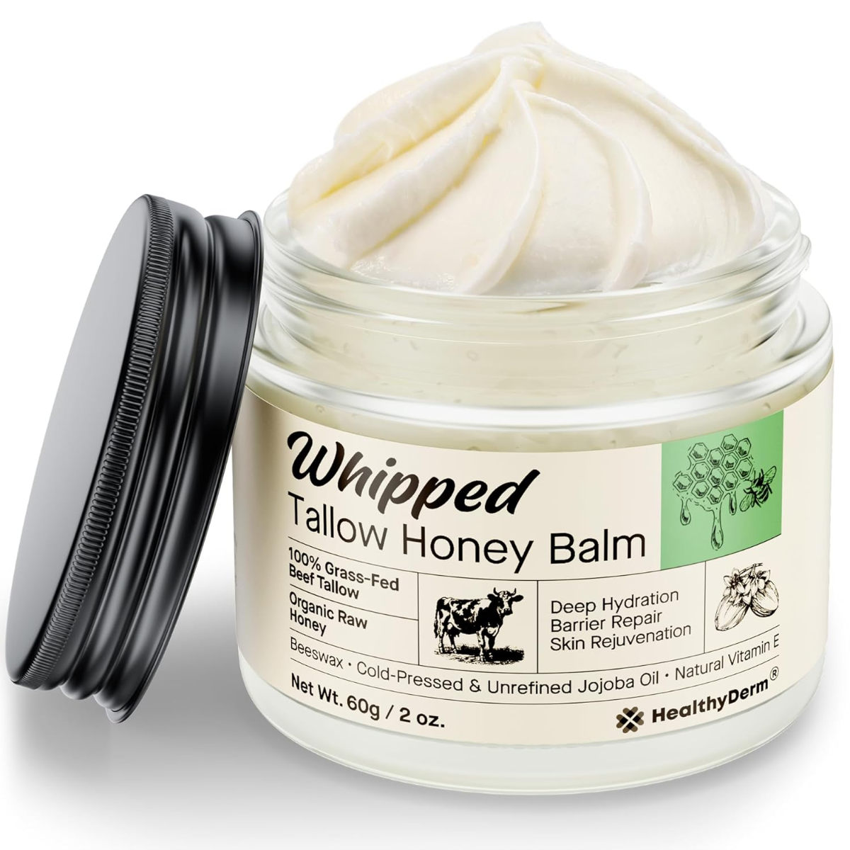 Open 2-oz glass jar of HealthyDerm Whipped Tallow Honey Balm with a black lid, fluffy cream swirl, and ingredient callouts on the label.