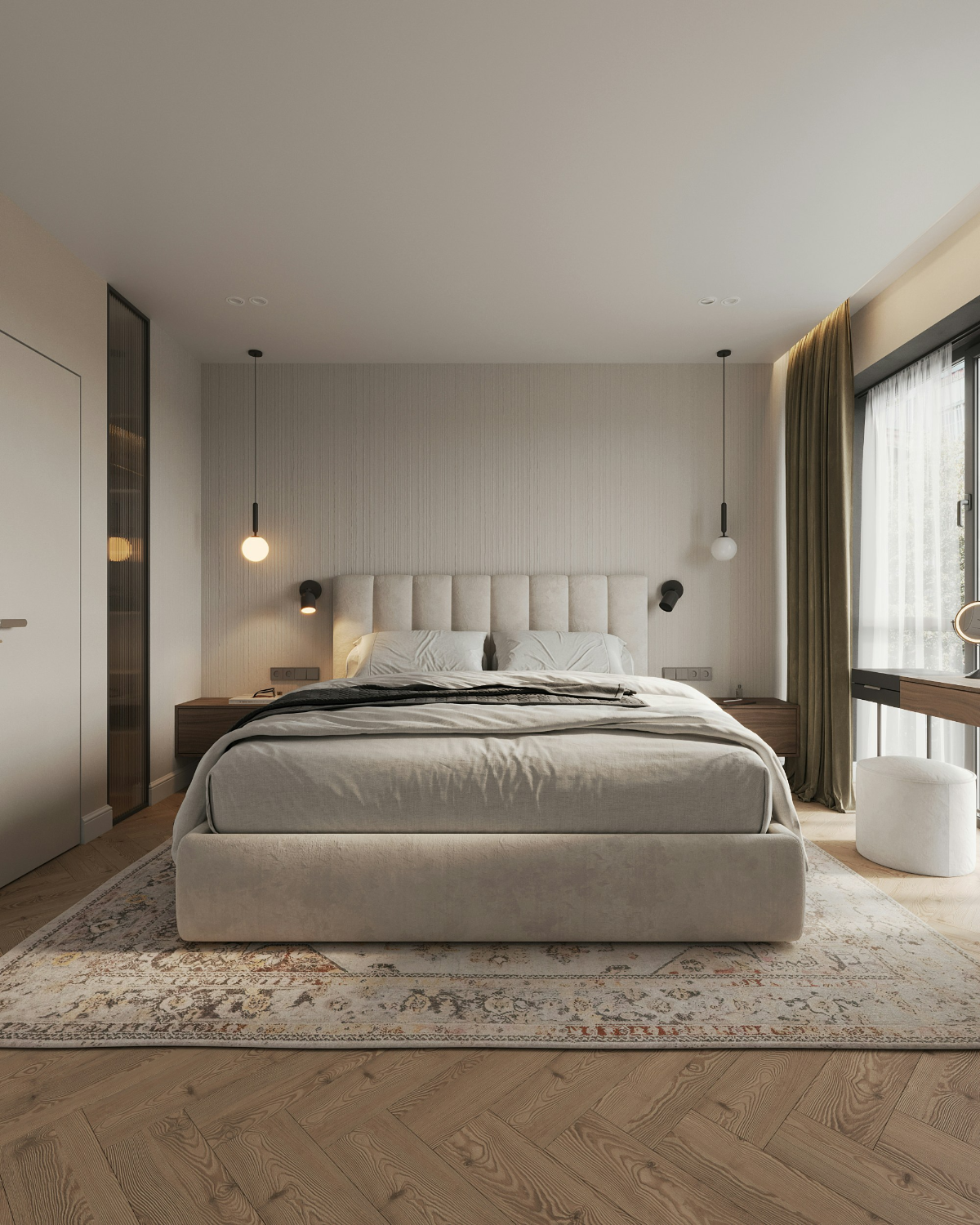  Modern bedroom with tufted headboard, globe pendants and plush platform bed over a patterned rug in warm neutrals. 