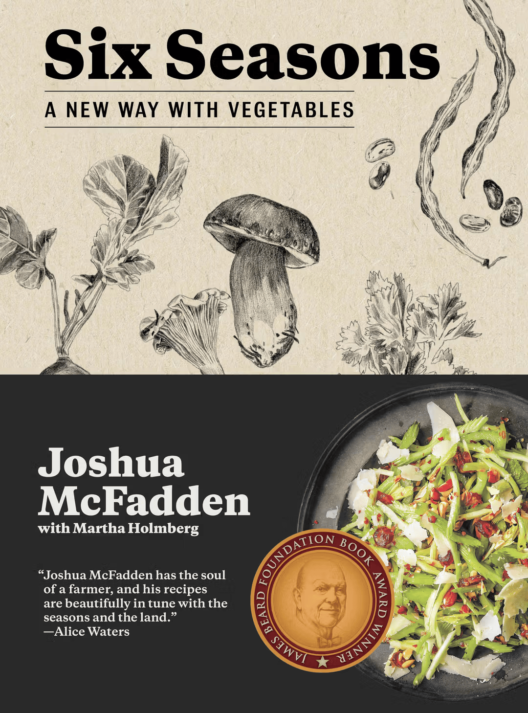 Cover of “Six Seasons: A New Way with Vegetables” by Joshua McFadden, featuring botanical sketches and a vibrant shaved-celery salad.