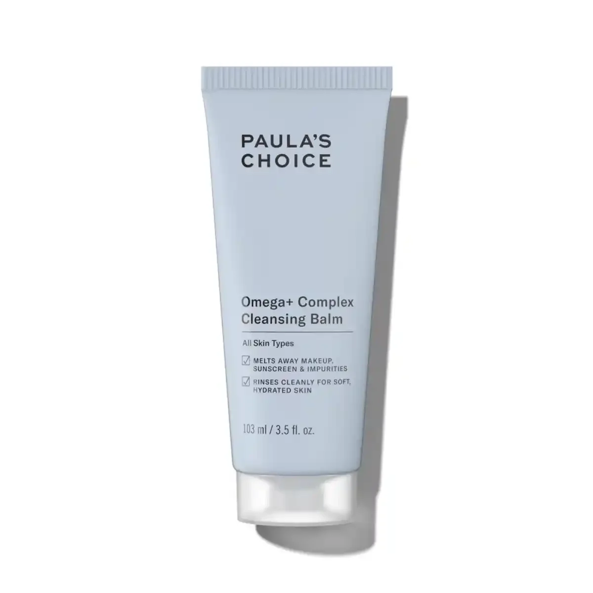 Paula’s Choice Omega+ Complex Cleansing Balm tube standing upright on pure white background.