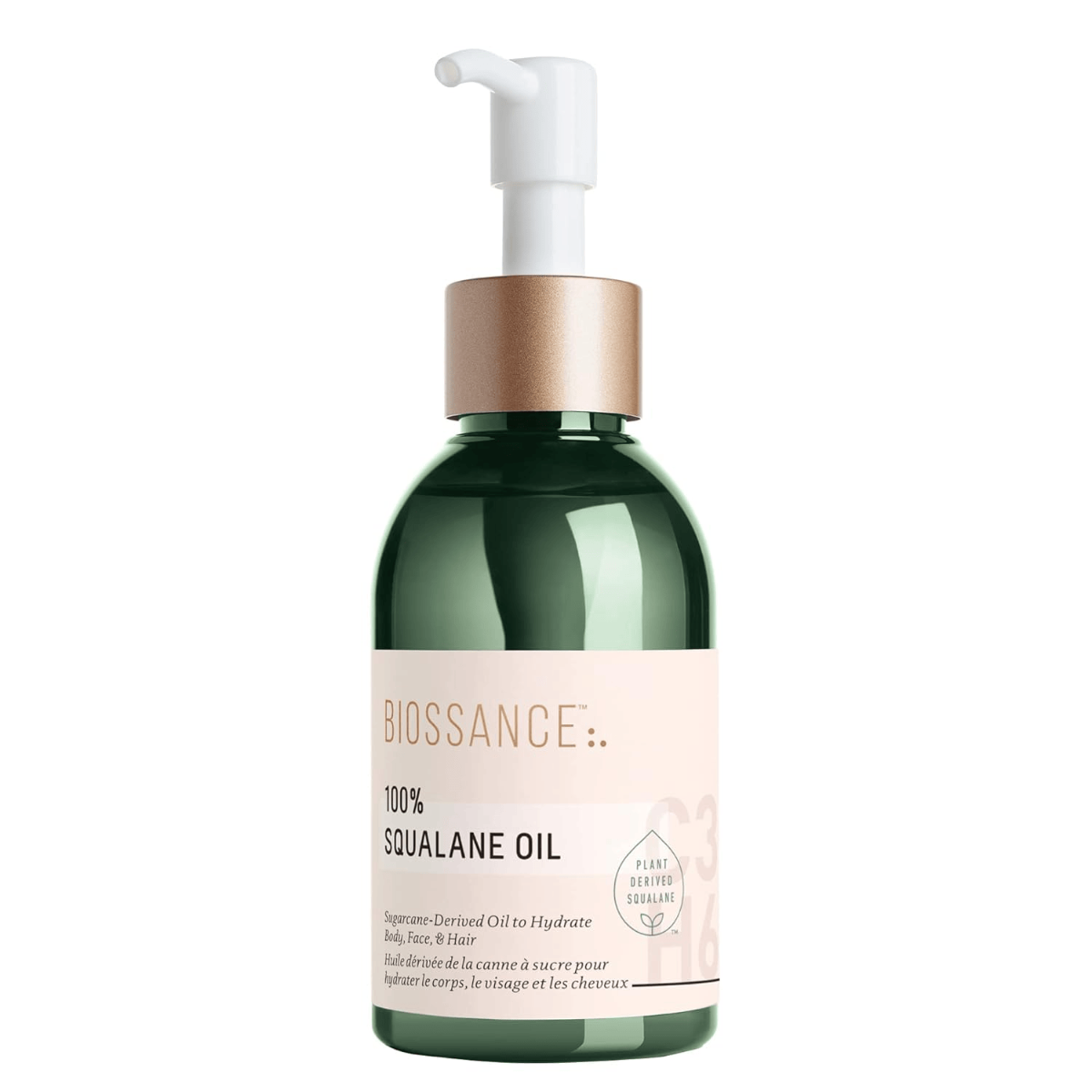 Green pump bottle of Biossance 100 % plant-derived Squalane Oil that delivers lightweight head-to-toe hydration.