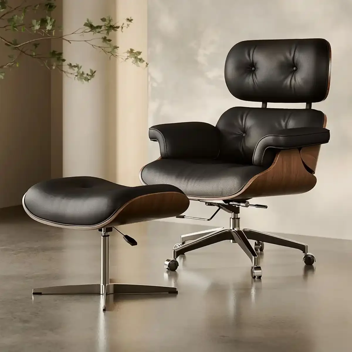 Mid-century Eames lounge chair in black leather with matching walnut ottoman.