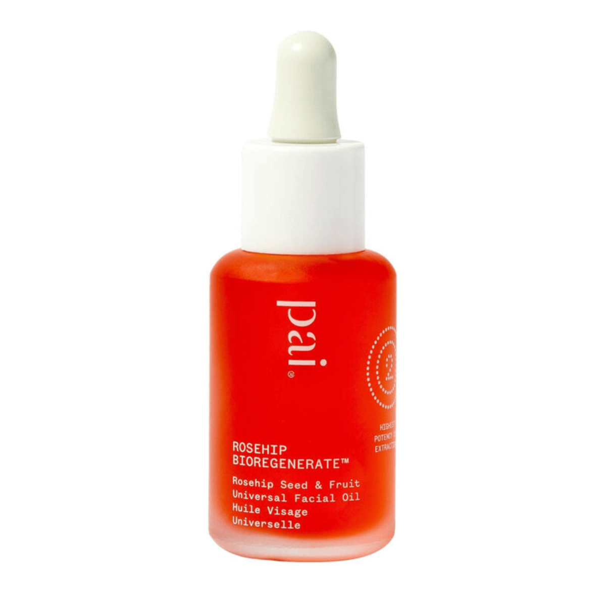 Bright orange Pai Rosehip Bioregenerate Universal Facial Oil with dropper cap, vitamin-rich vegan skincare.
