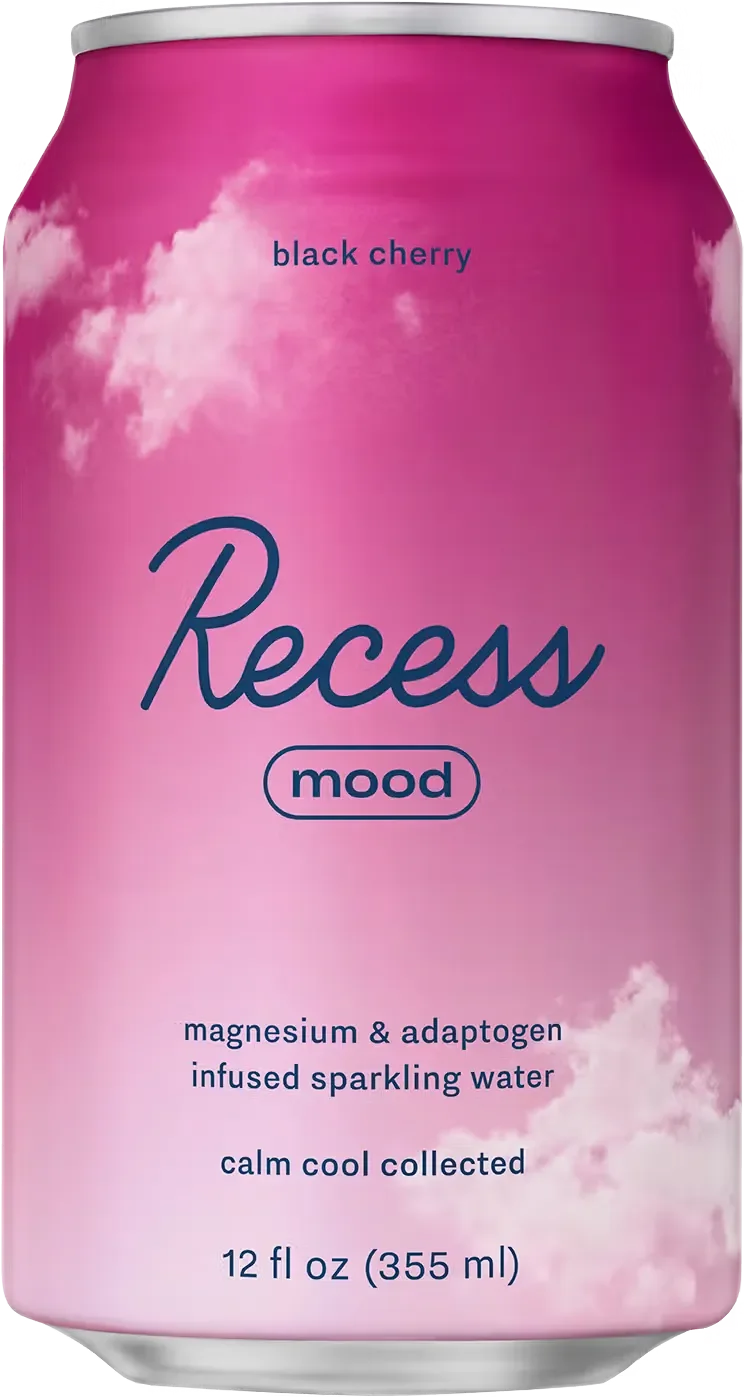 Recess Mood sparkling water can in pink cloud design, black cherry flavor, magnesium & adaptogen infused, 12 fl oz.