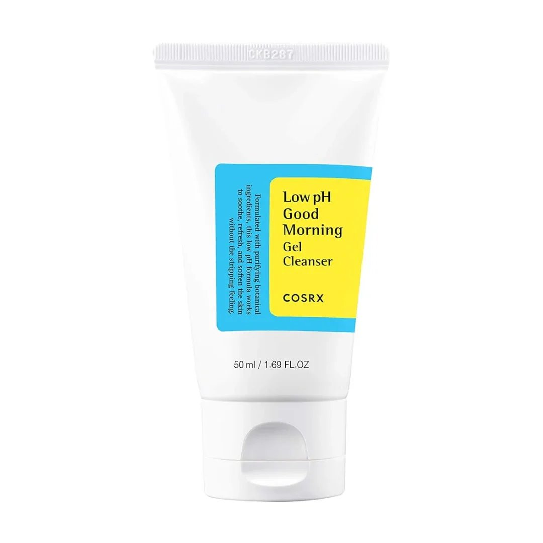 COSRX Low pH Good Morning Gel Cleanser white travel-size tube with blue-and-yellow label.