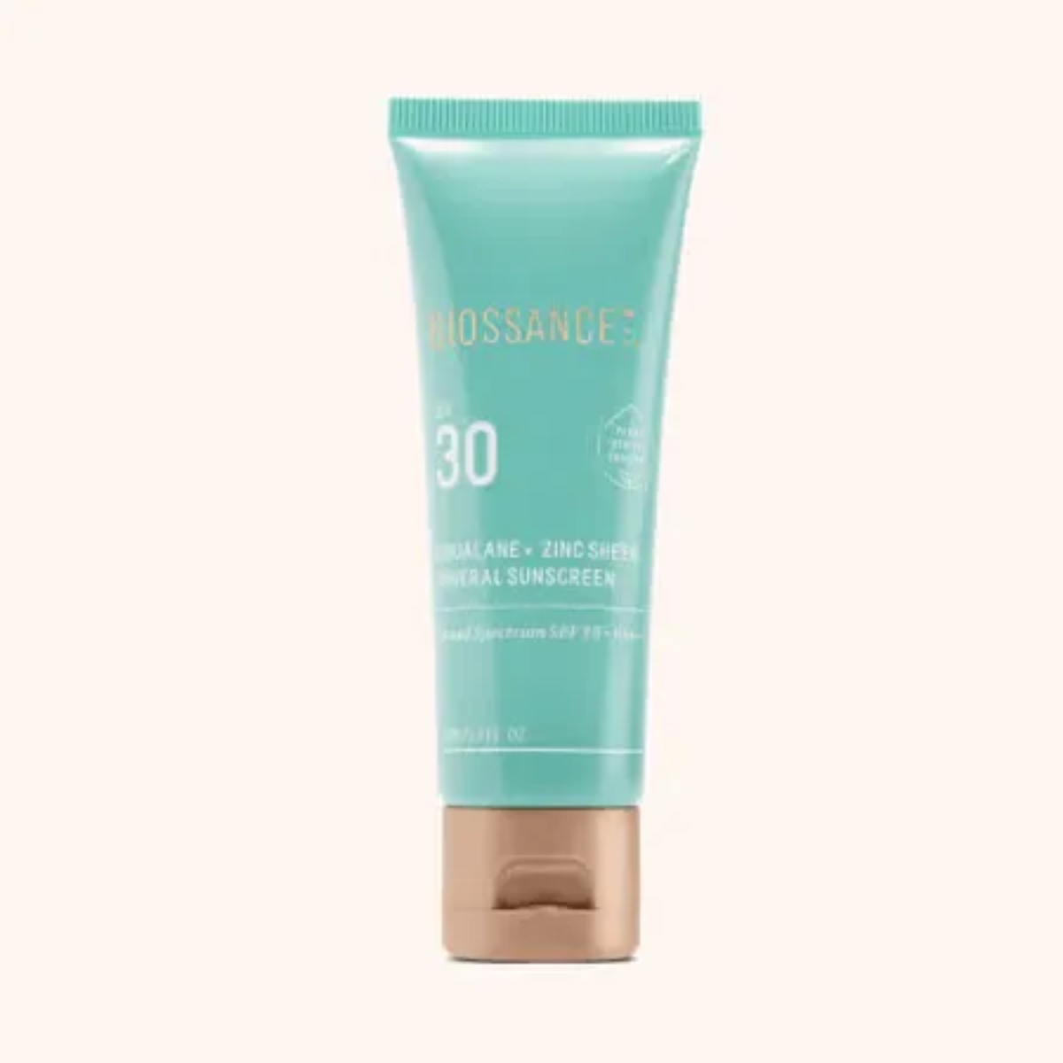 Turquoise tube of Biossance Squalane + Zinc Sheer Mineral Sunscreen SPF 30.