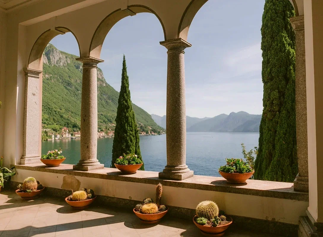 Stone arch loggia with cactus pots and cypress trees overlooks Lake Como from Varenna.
